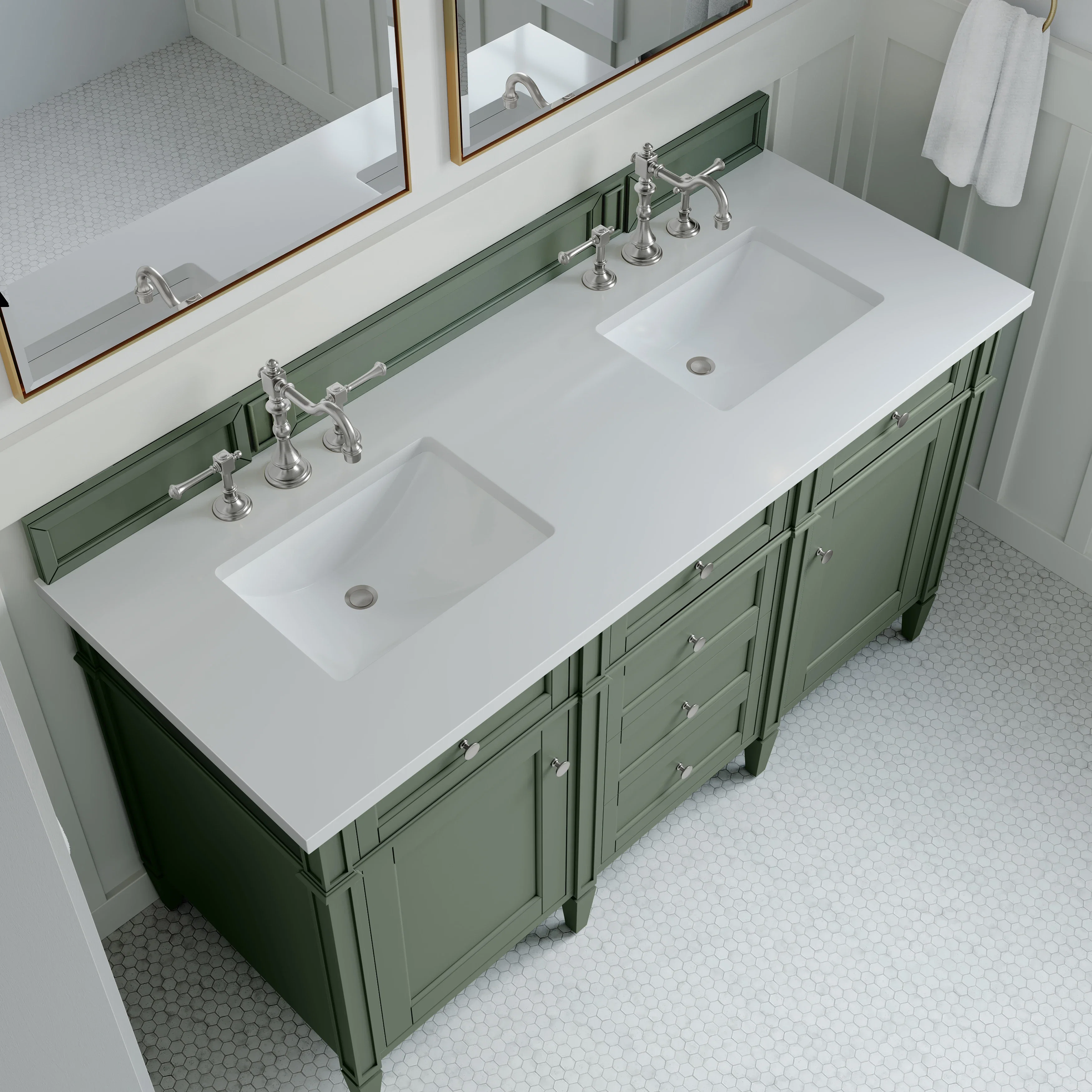 Brittany 60" Double Vanity, Smokey Celadon w/ 3 CM White Zeus Top