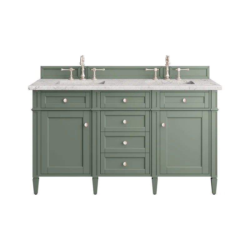 Brittany 60" Double Vanity, Smokey Celadon w/ 3 CM Eternal Jasmine Pearl Top w/FreePower Wireless Charger
