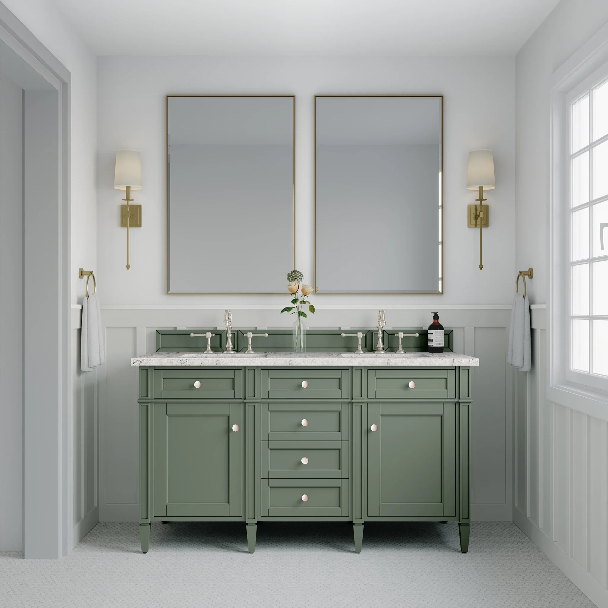 Brittany 60" Double Vanity, Smokey Celadon w/ 3 CM Eternal Jasmine Pearl Top w/FreePower Wireless Charger