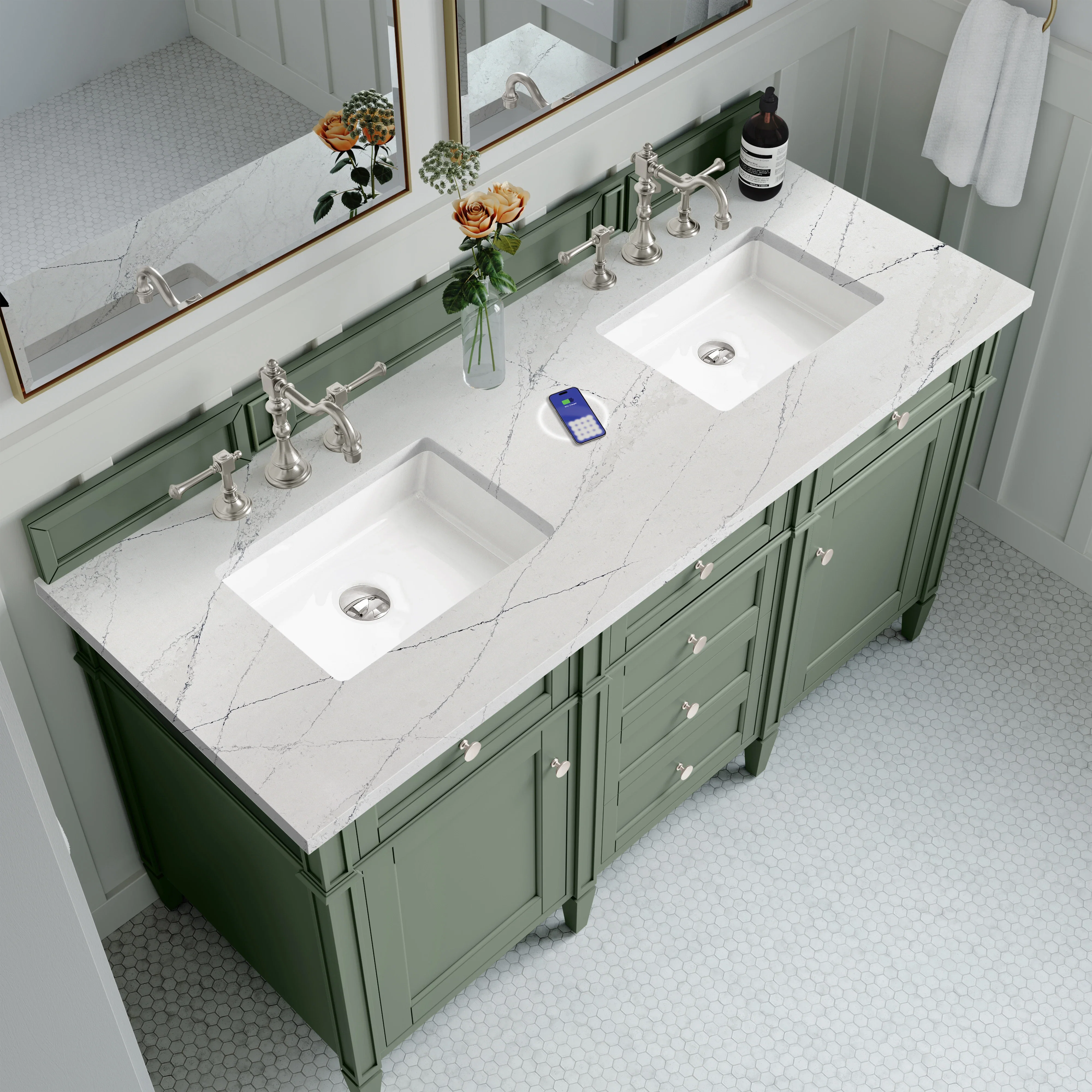 Brittany 60" Double Vanity, Smokey Celadon w/ 3 CM Ethereal Noctis Top w/FreePower Wireless Charger