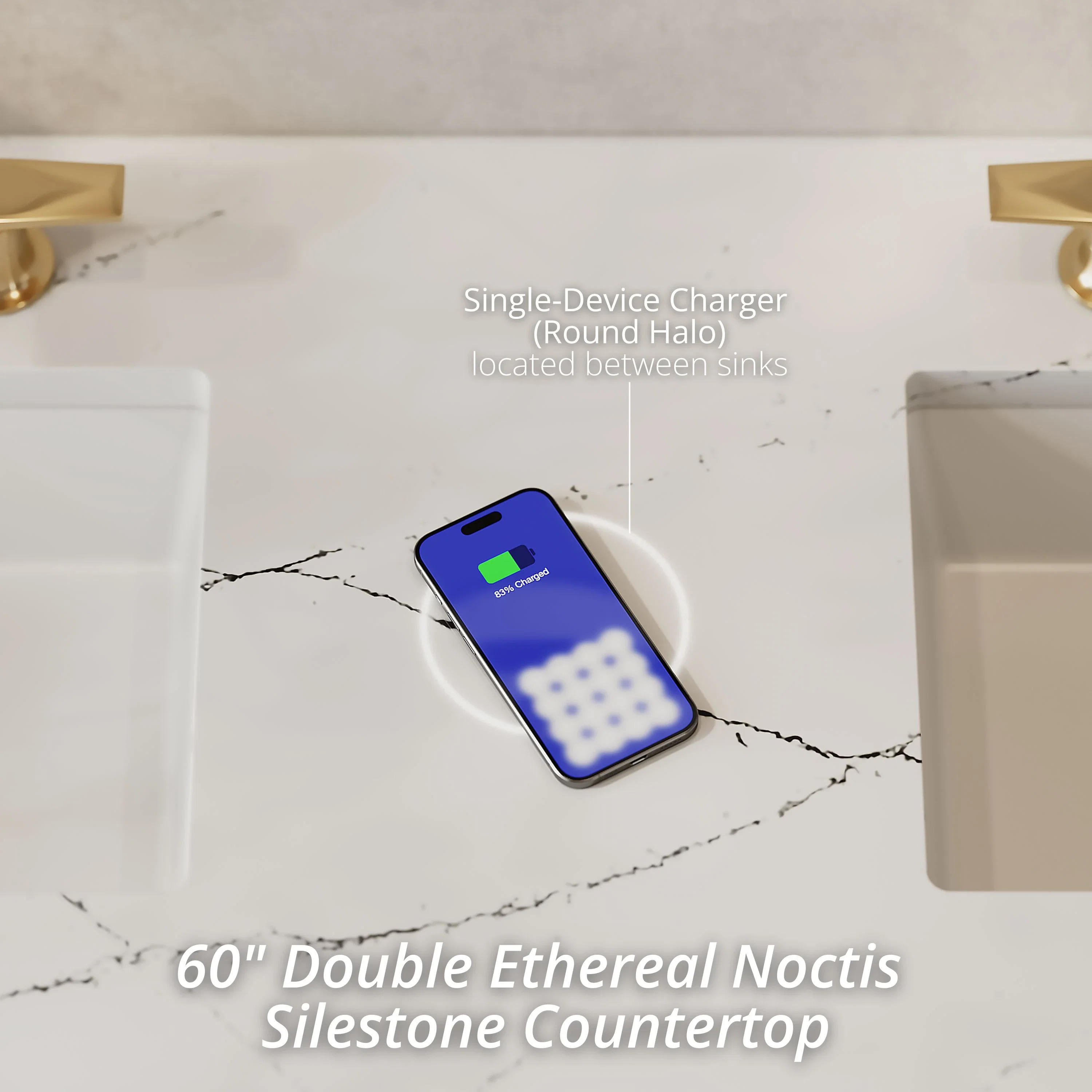 Brittany 60" Double Vanity, Smokey Celadon w/ 3 CM Ethereal Noctis Top w/FreePower Wireless Charger