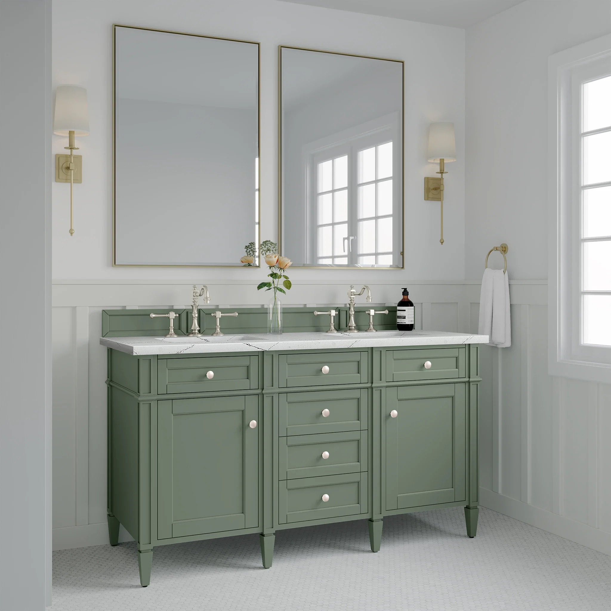 Brittany 60" Double Vanity, Smokey Celadon w/ 3 CM Ethereal Noctis Top w/FreePower Wireless Charger
