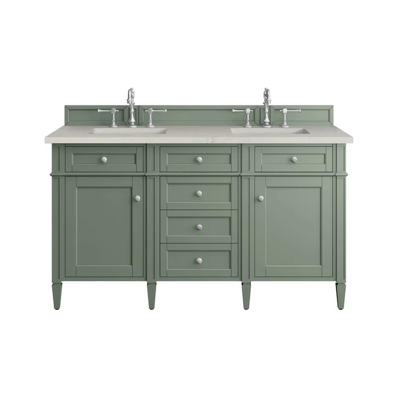 Brittany 60" Double Vanity, Smokey Celadon, w/ 3 CM Siberian Silestone Top w/FreePower Wireless Charger