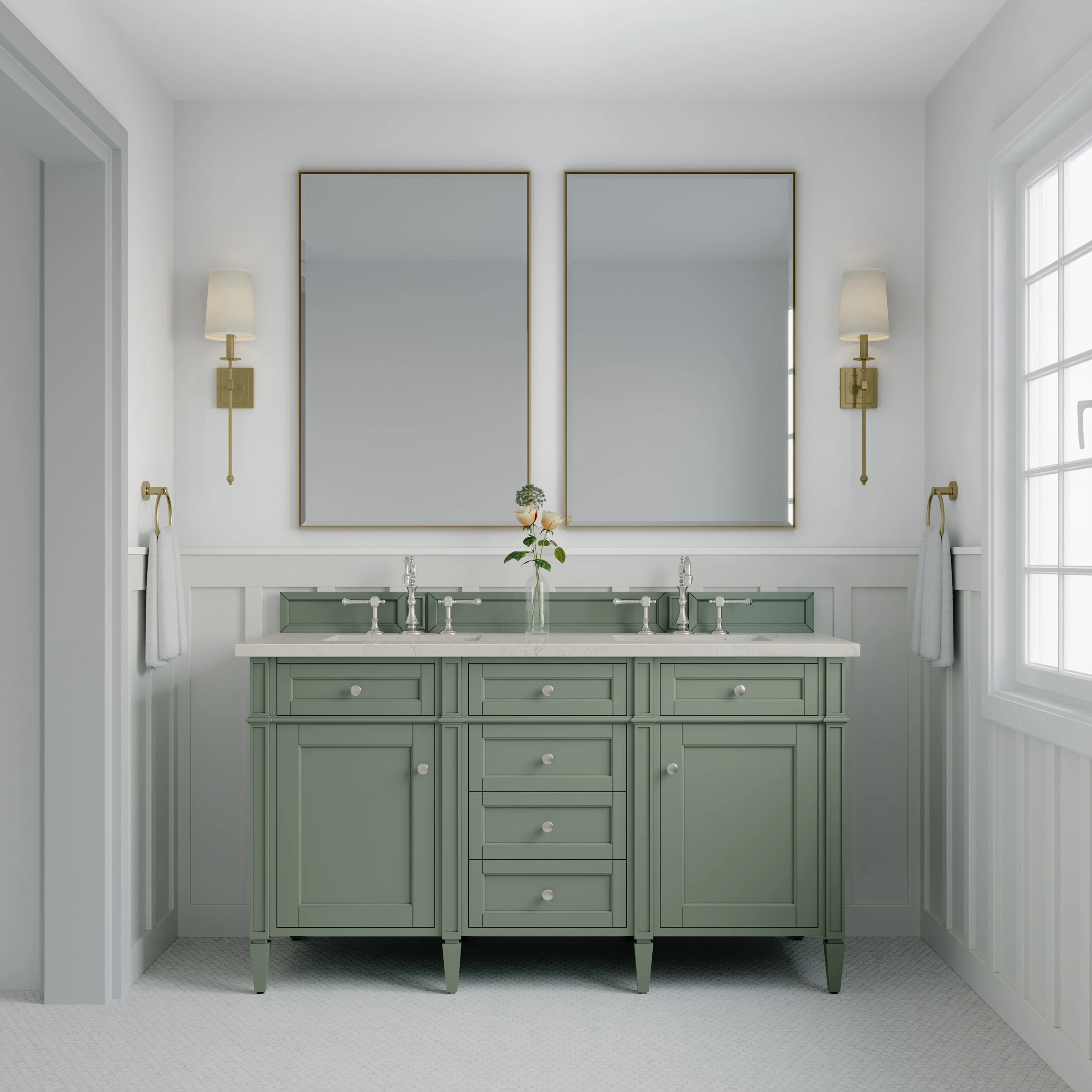 Brittany 60" Double Vanity, Smokey Celadon, w/ 3 CM Siberian Silestone Top w/FreePower Wireless Charger