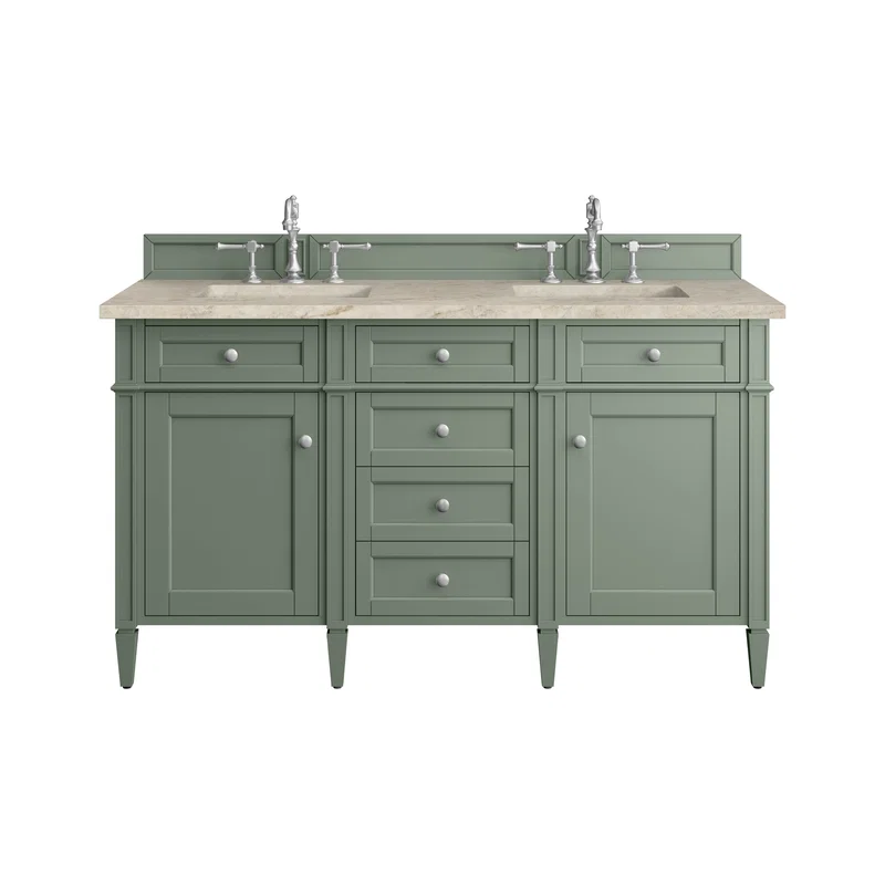 Brittany 60" Double Vanity, Smokey Celadon, w/ 3 CM Tajnar Eclos Top w/FreePower Wireless Charger