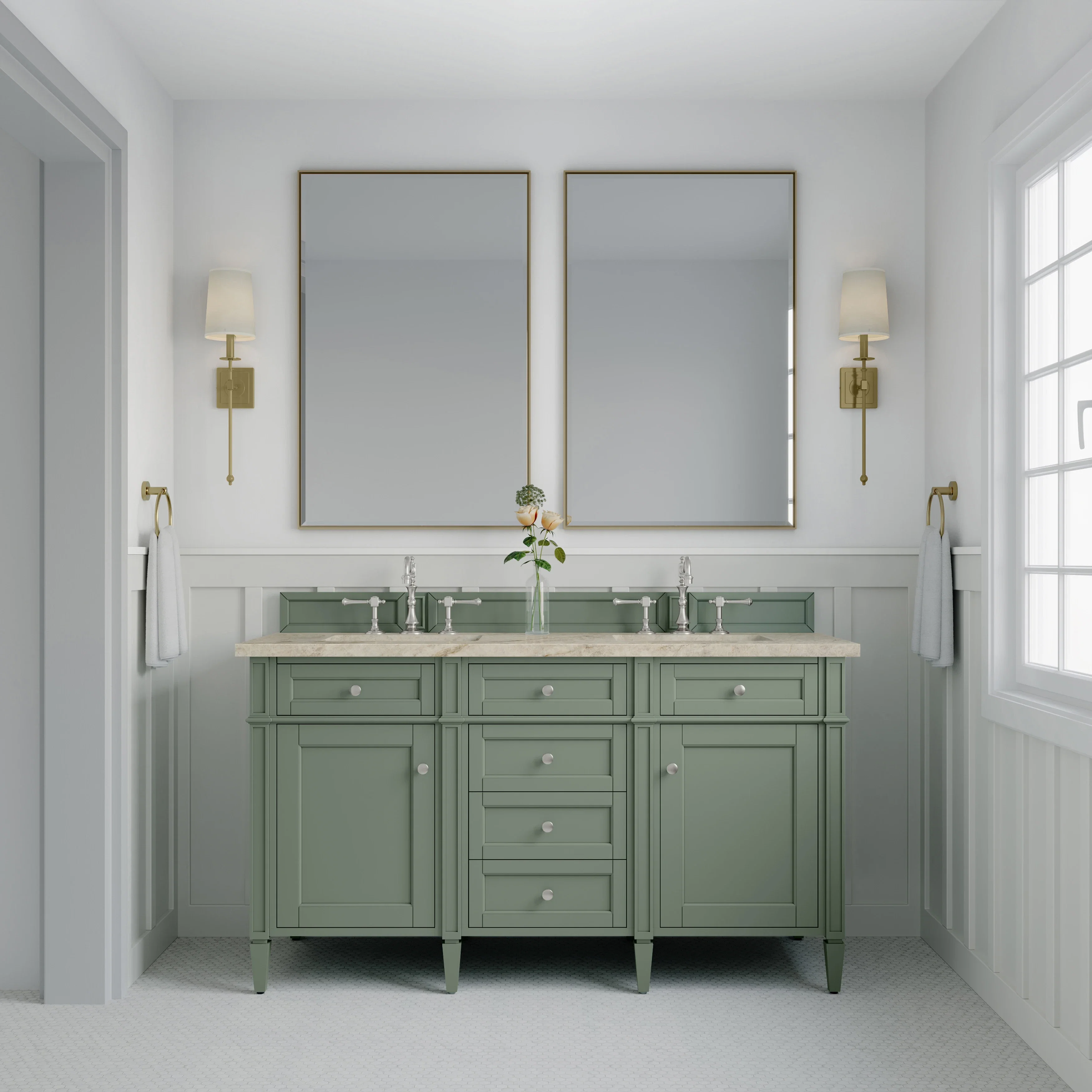 Brittany 60" Double Vanity, Smokey Celadon, w/ 3 CM Tajnar Eclos Top w/FreePower Wireless Charger