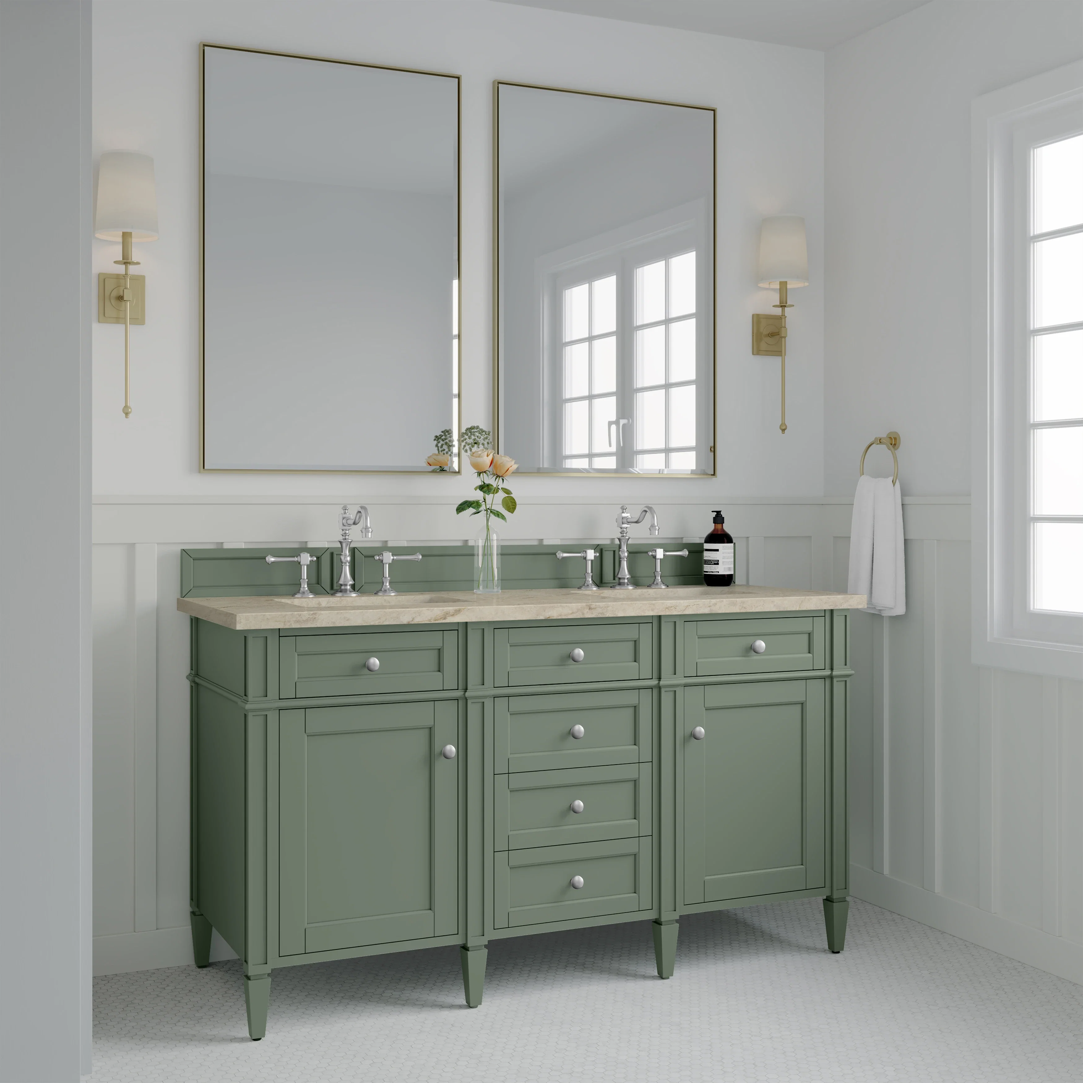 Brittany 60" Double Vanity, Smokey Celadon, w/ 3 CM Tajnar Eclos Top w/FreePower Wireless Charger