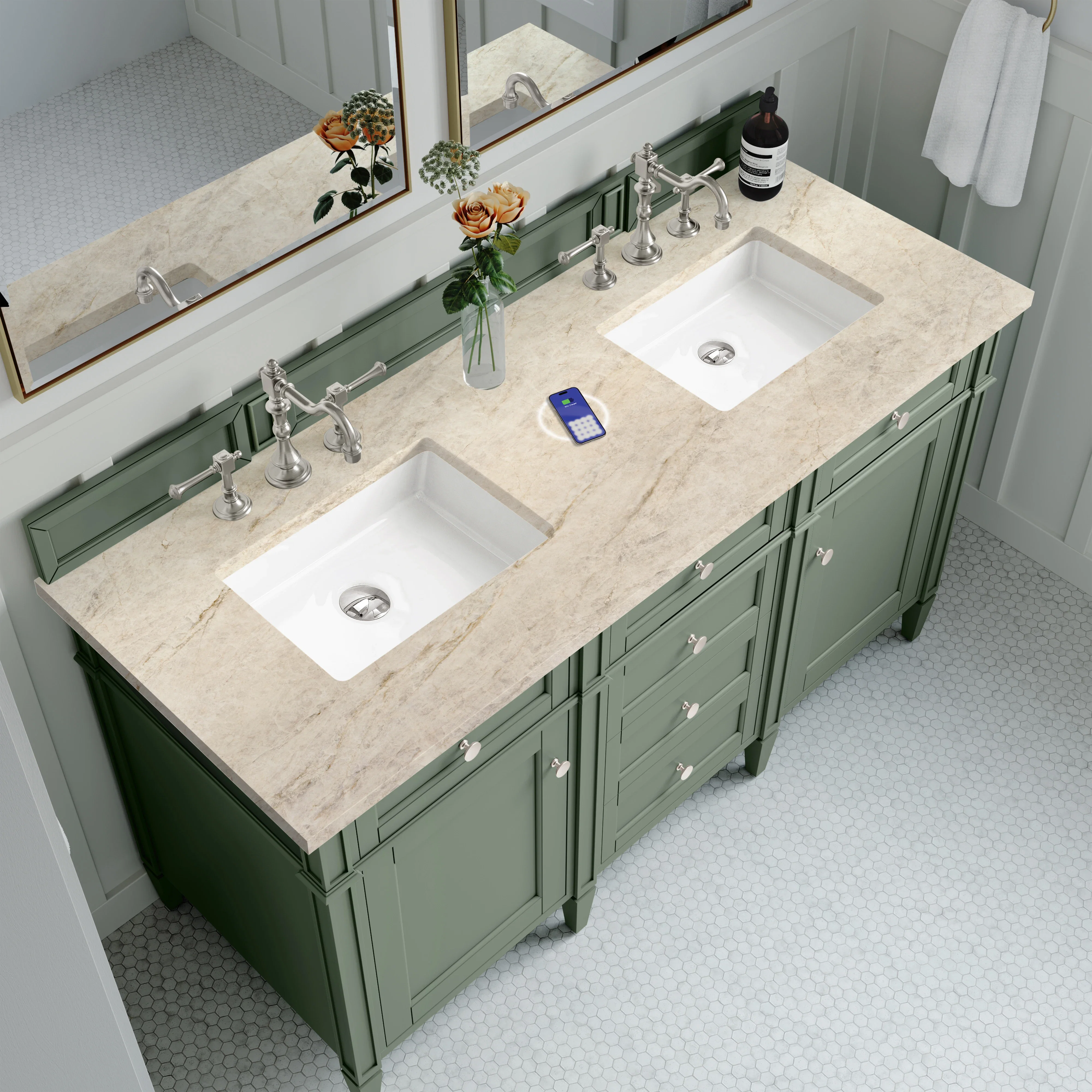 Brittany 60" Double Vanity, Smokey Celadon, w/ 3 CM Tajnar Eclos Top w/FreePower Wireless Charger