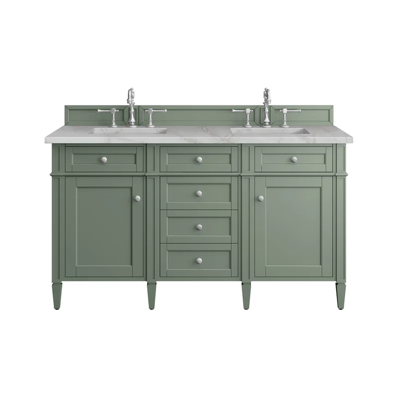 Brittany 60" Double Vanity, Smokey Celadon w/ 3 CM Victorian Silver Top w/FreePower Wireless Charger