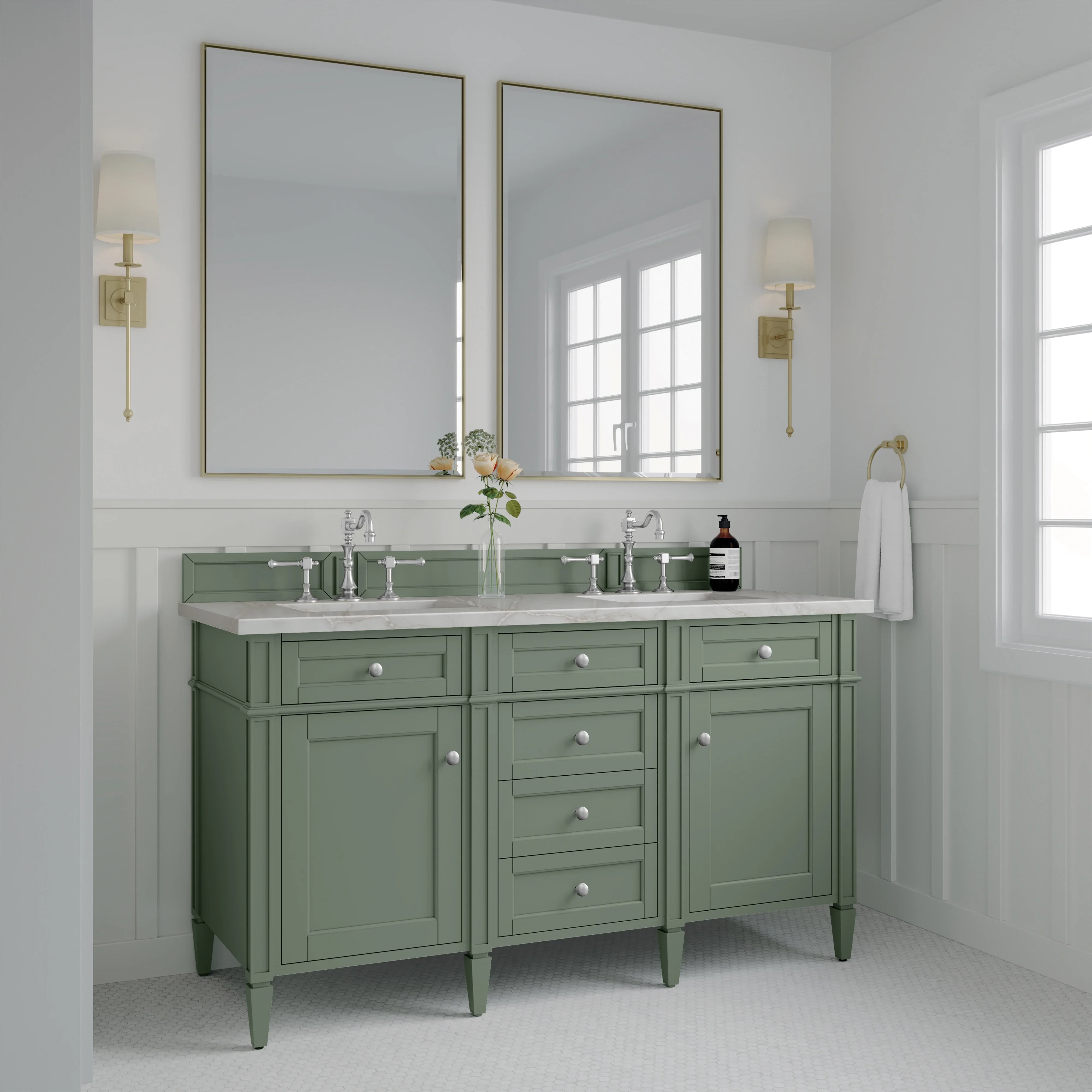 Brittany 60" Double Vanity, Smokey Celadon w/ 3 CM Victorian Silver Top w/FreePower Wireless Charger