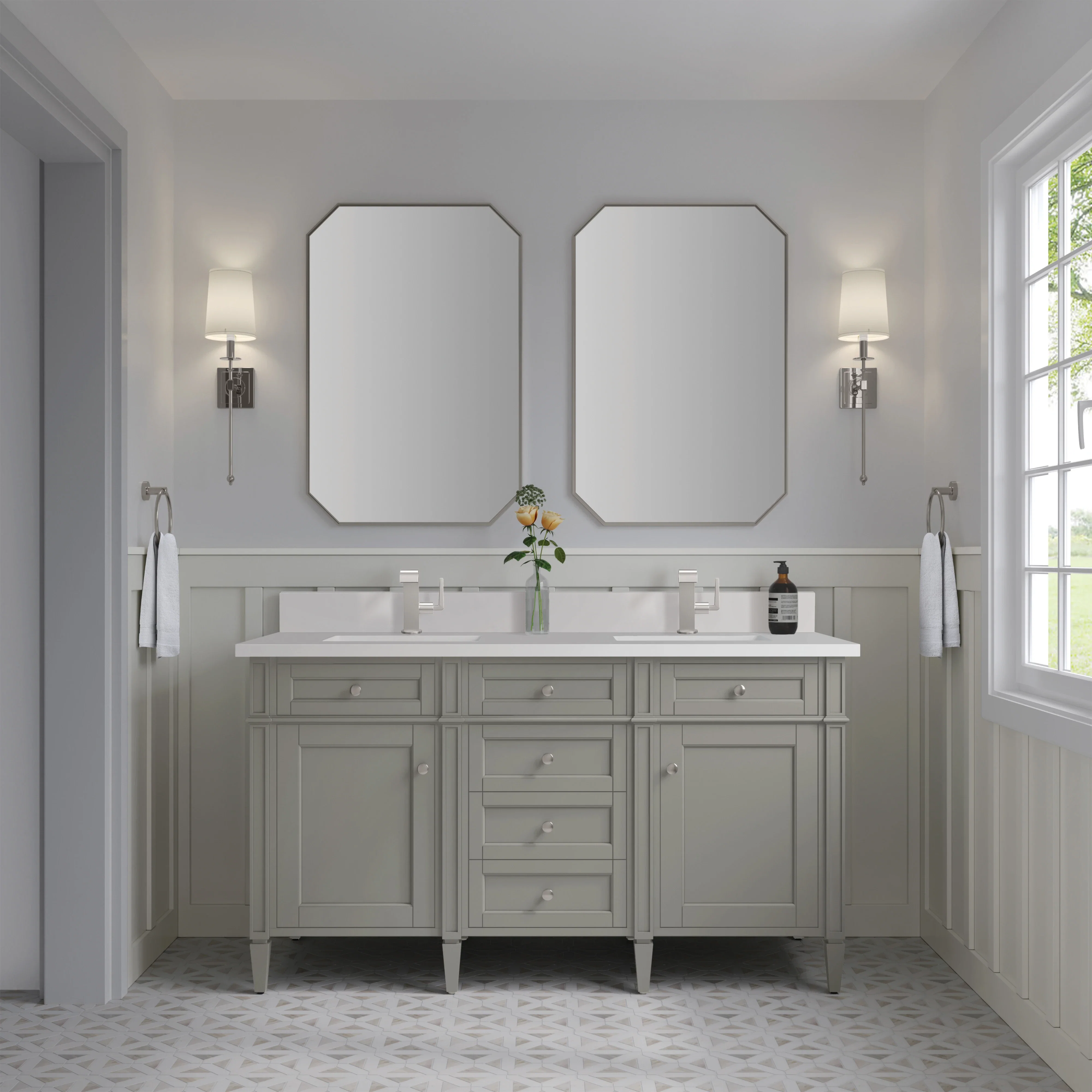 Brittany 60" Double Vanity, Urban Gray w/ Single Hole 3 CM White Zeus Silestone Top & Backsplash