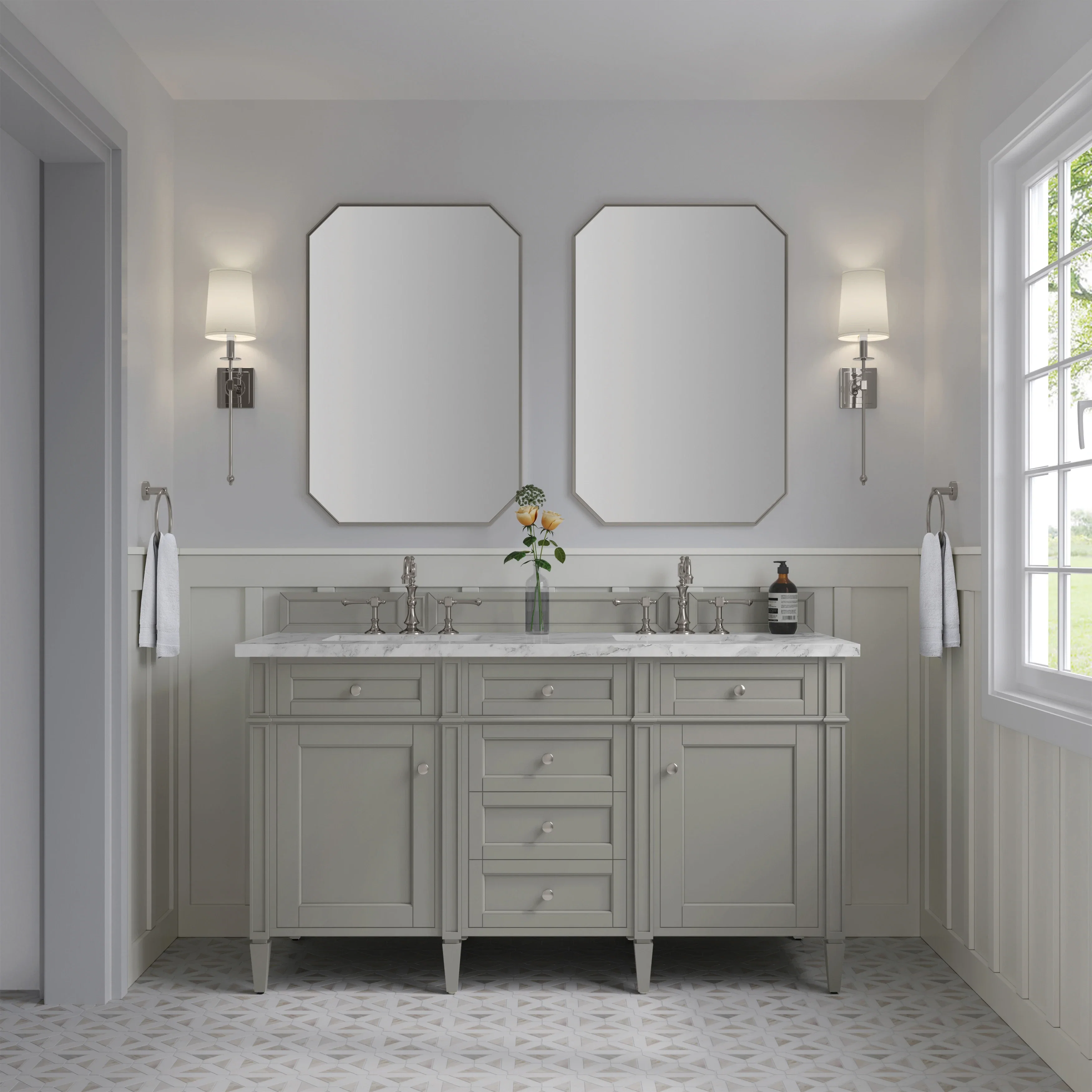 Brittany 60" Double Vanity, Urban Gray w/ 3 CM Carrara Marble Top
