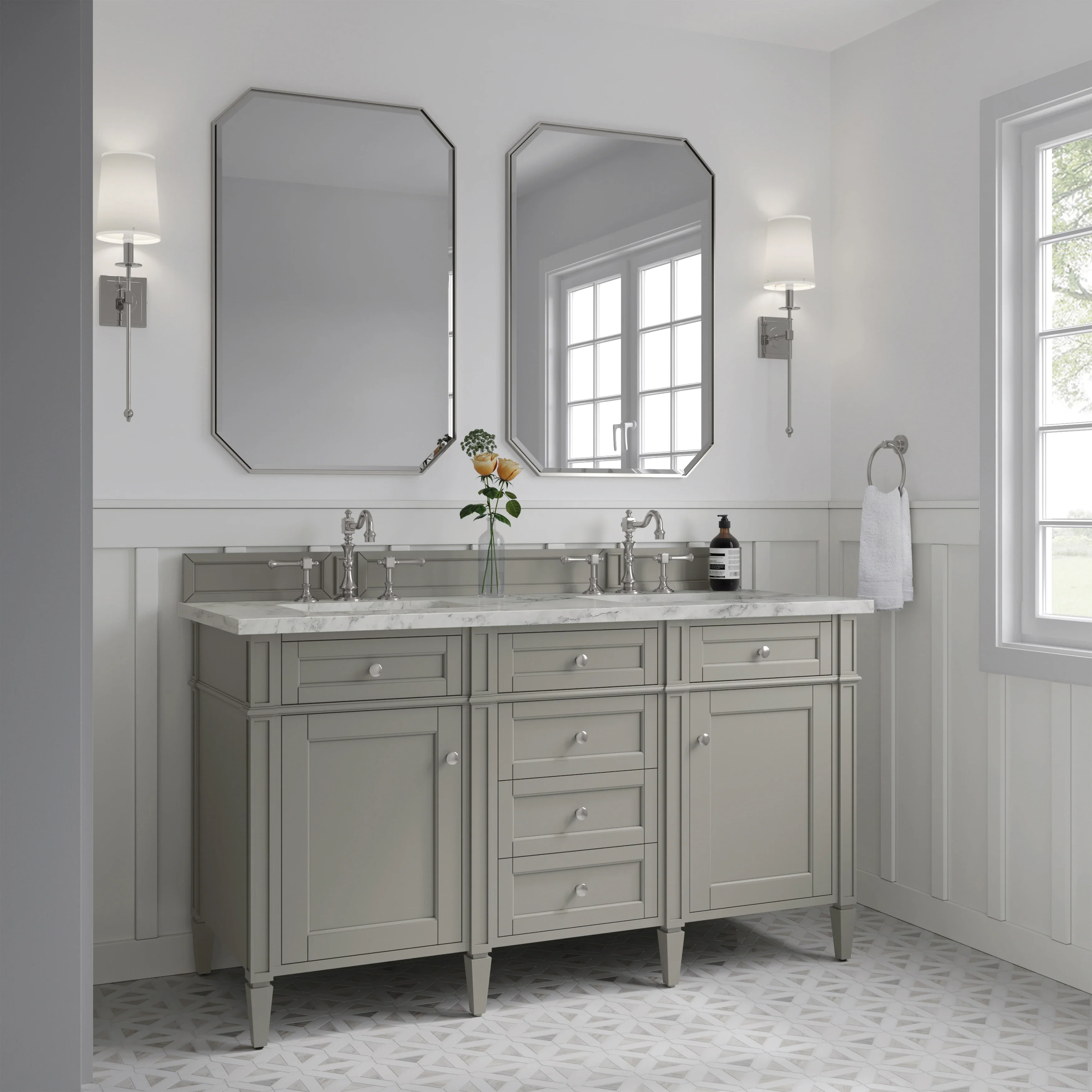 Brittany 60" Double Vanity, Urban Gray w/ 3 CM Carrara Marble Top