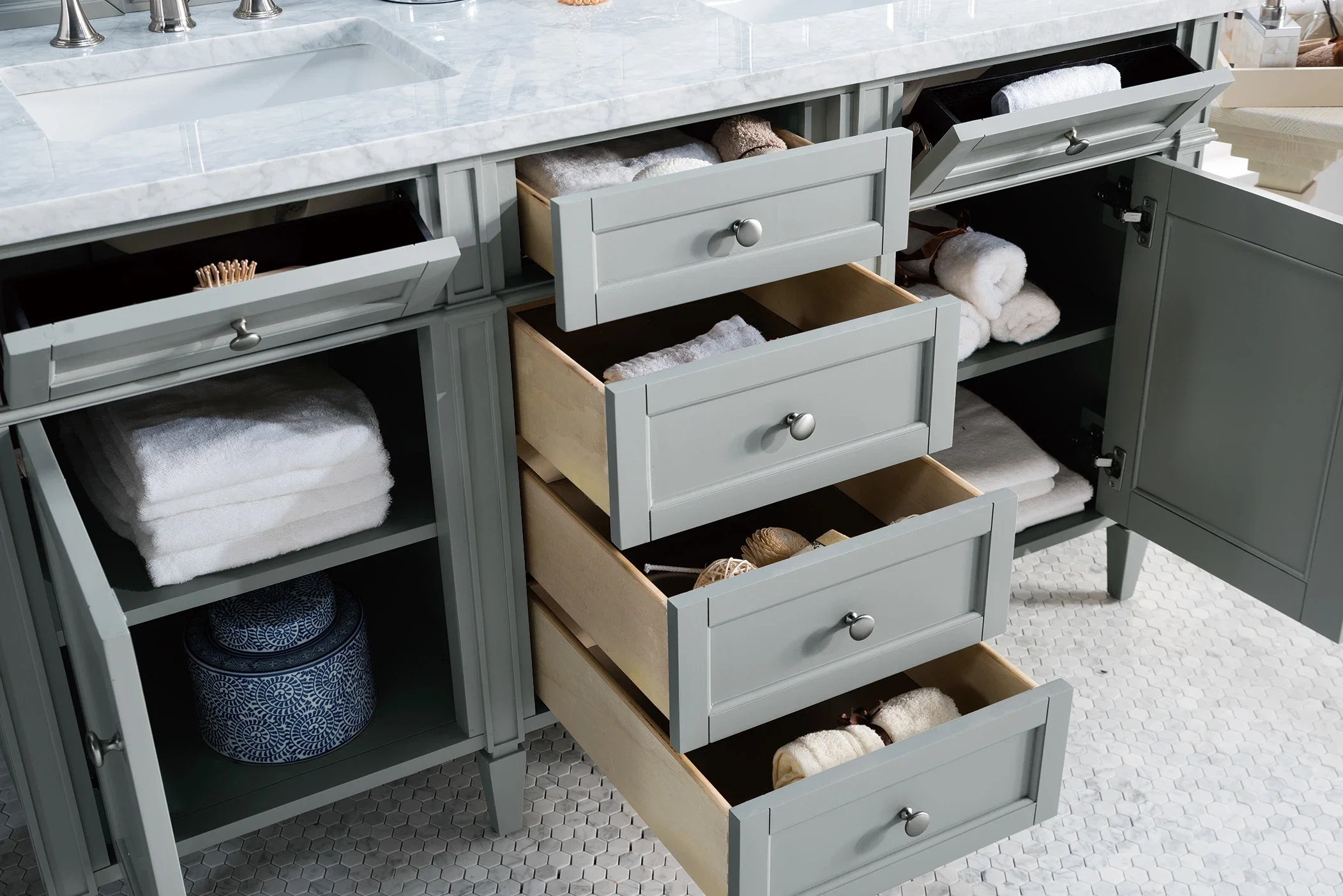 Brittany 60" Double Vanity, Urban Gray w/ 3 CM Carrara Marble Top