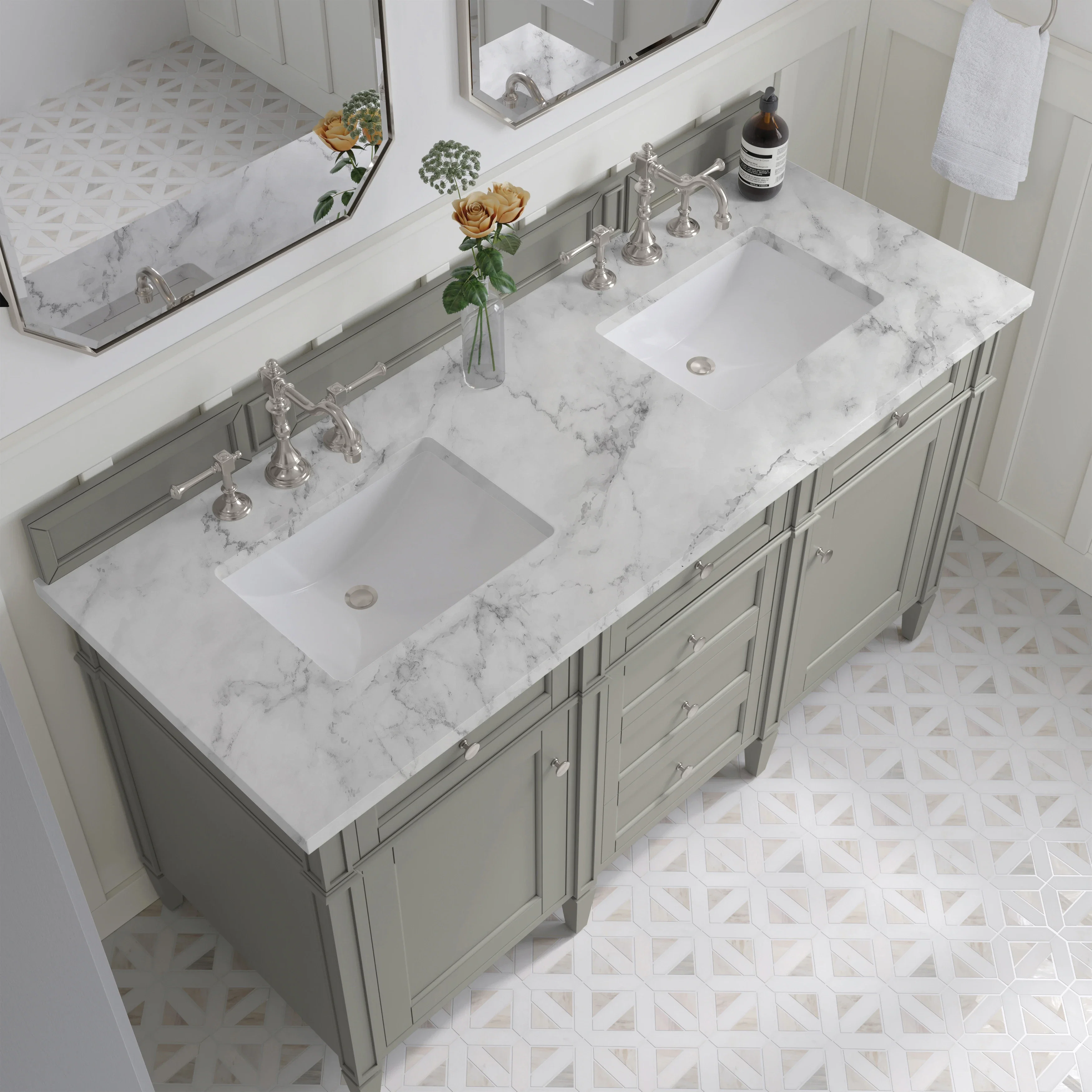 Brittany 60" Double Vanity, Urban Gray w/ 3 CM Carrara Marble Top