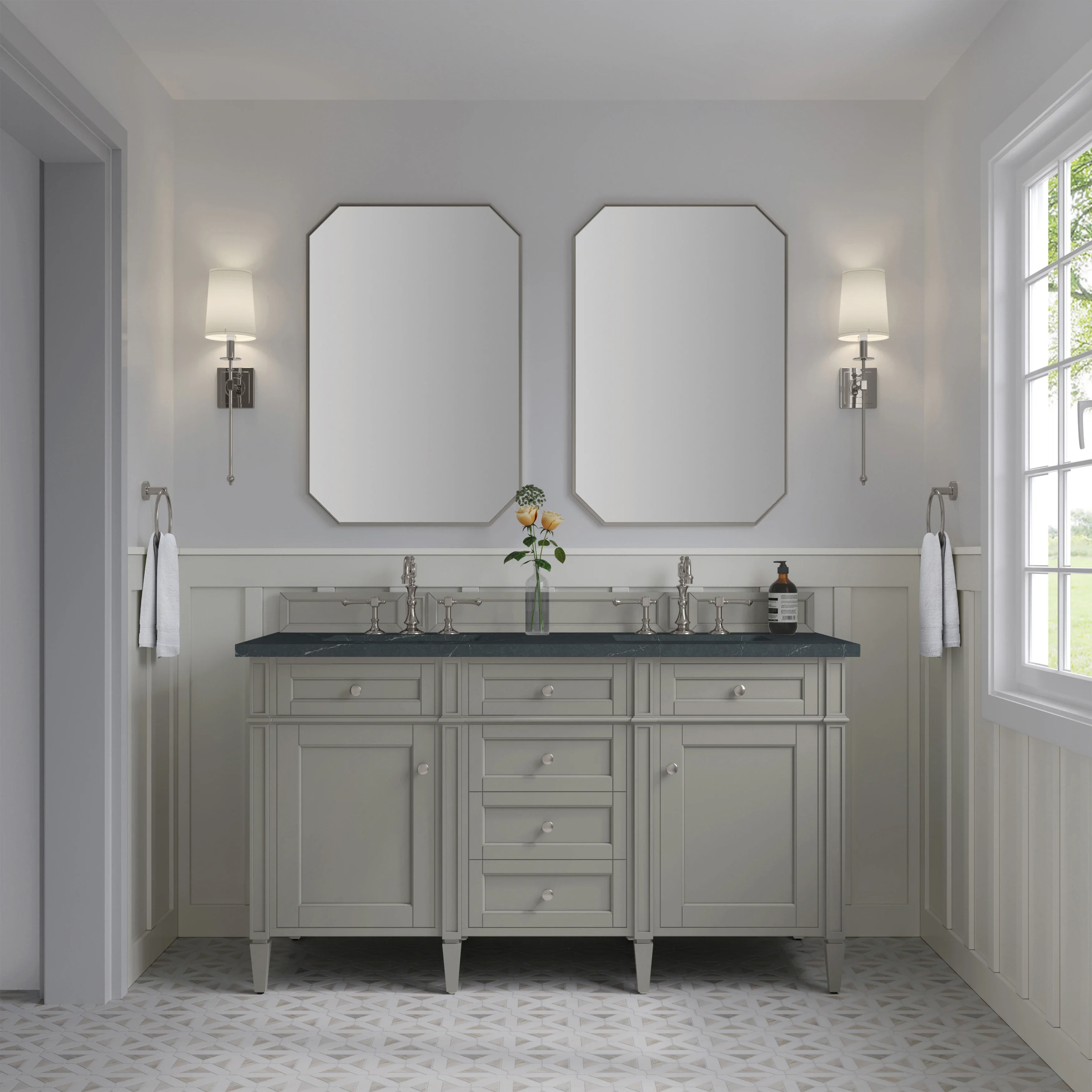 Brittany 60" Double Vanity, Urban Gray w/ 3 CM Charcoal Soapstone Silestone Top