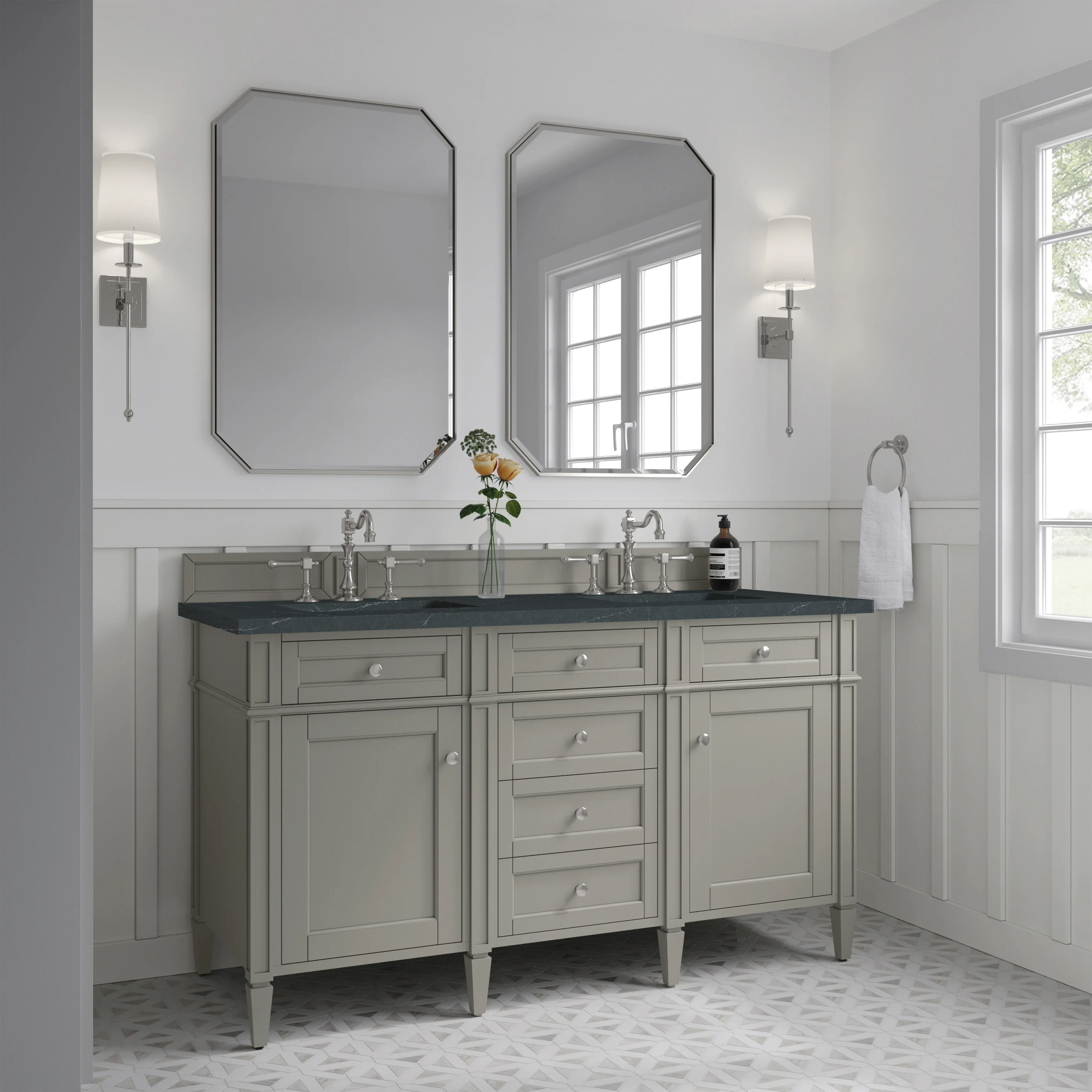 Brittany 60" Double Vanity, Urban Gray w/ 3 CM Charcoal Soapstone Silestone Top