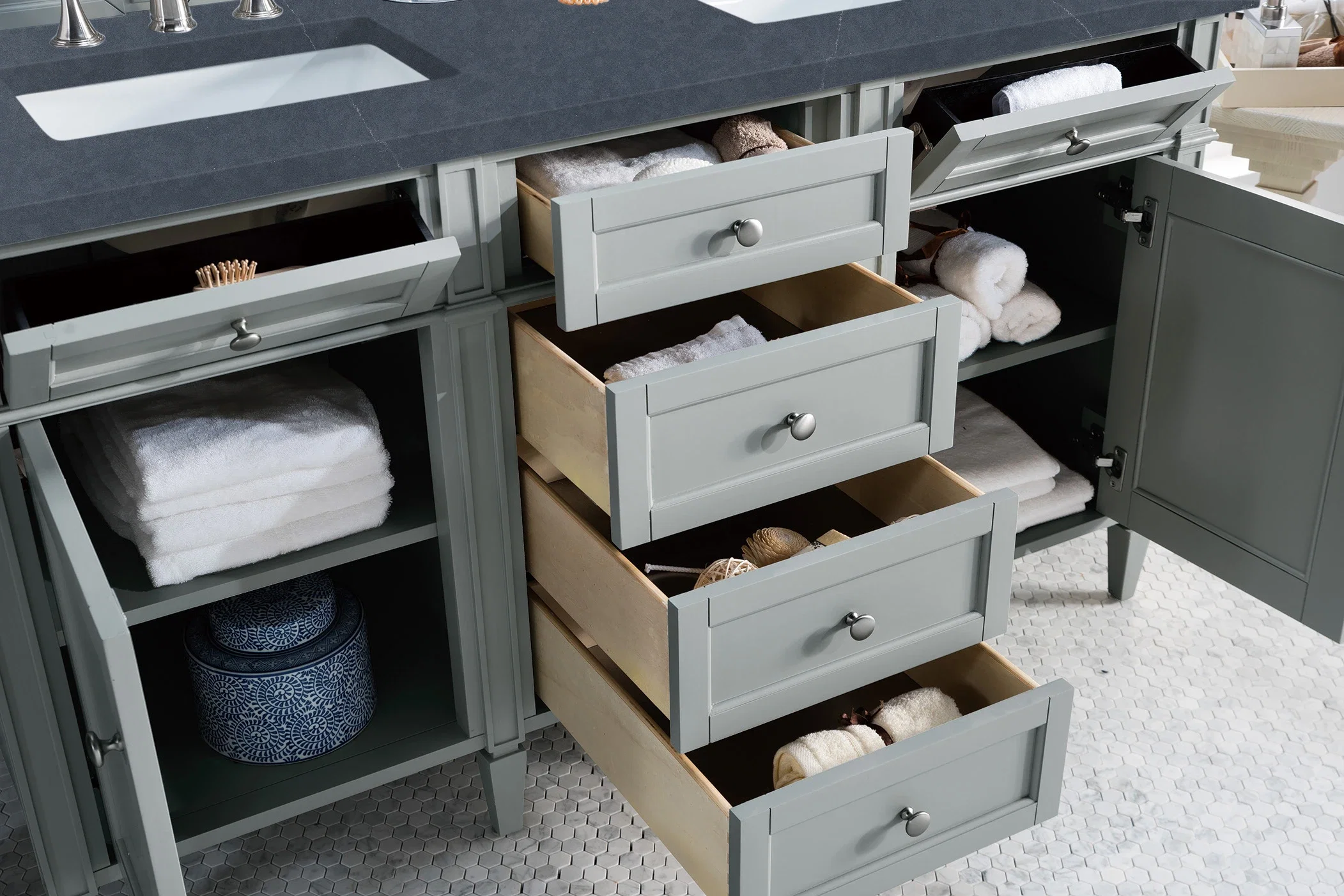 Brittany 60" Double Vanity, Urban Gray w/ 3 CM Charcoal Soapstone Silestone Top