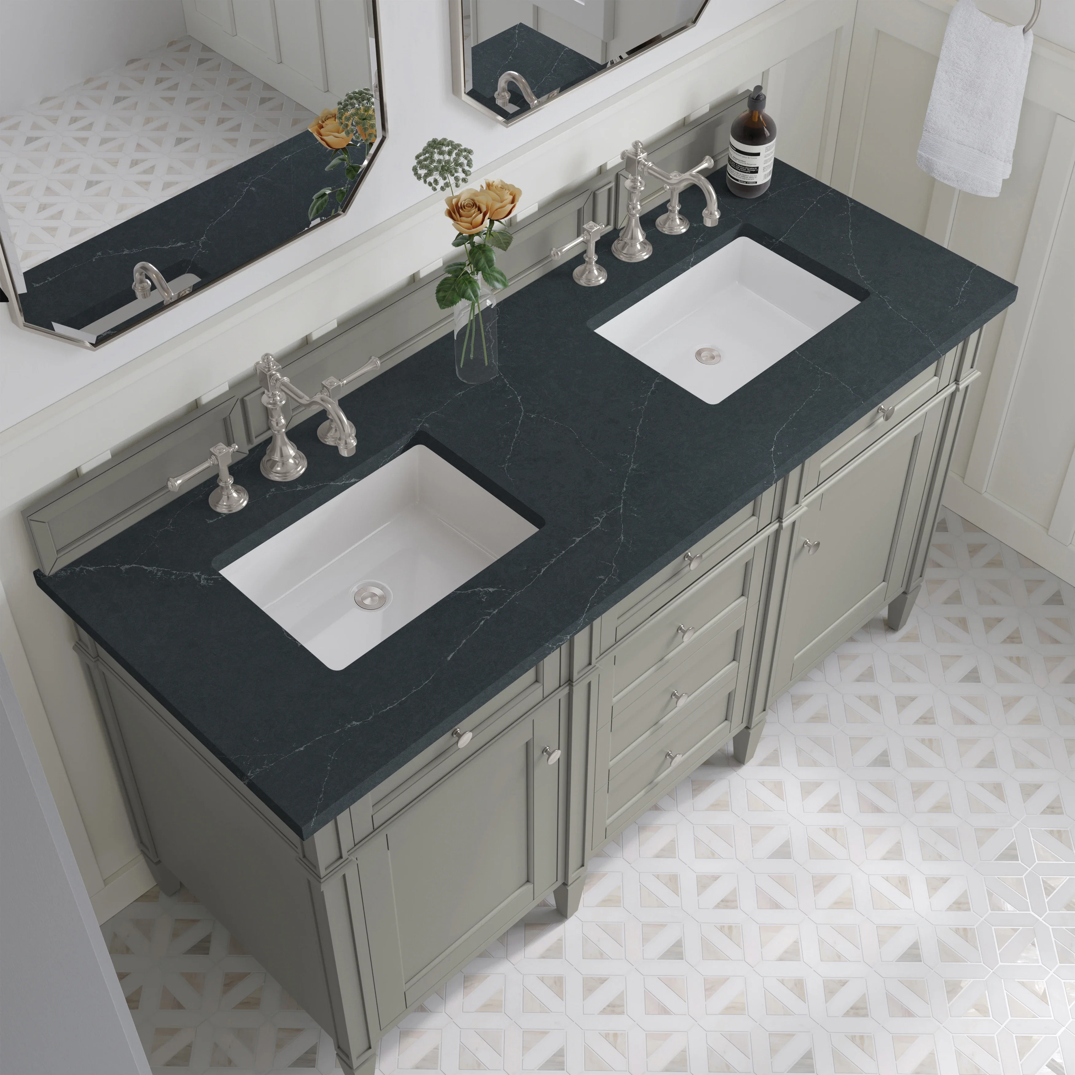 Brittany 60" Double Vanity, Urban Gray w/ 3 CM Charcoal Soapstone Silestone Top