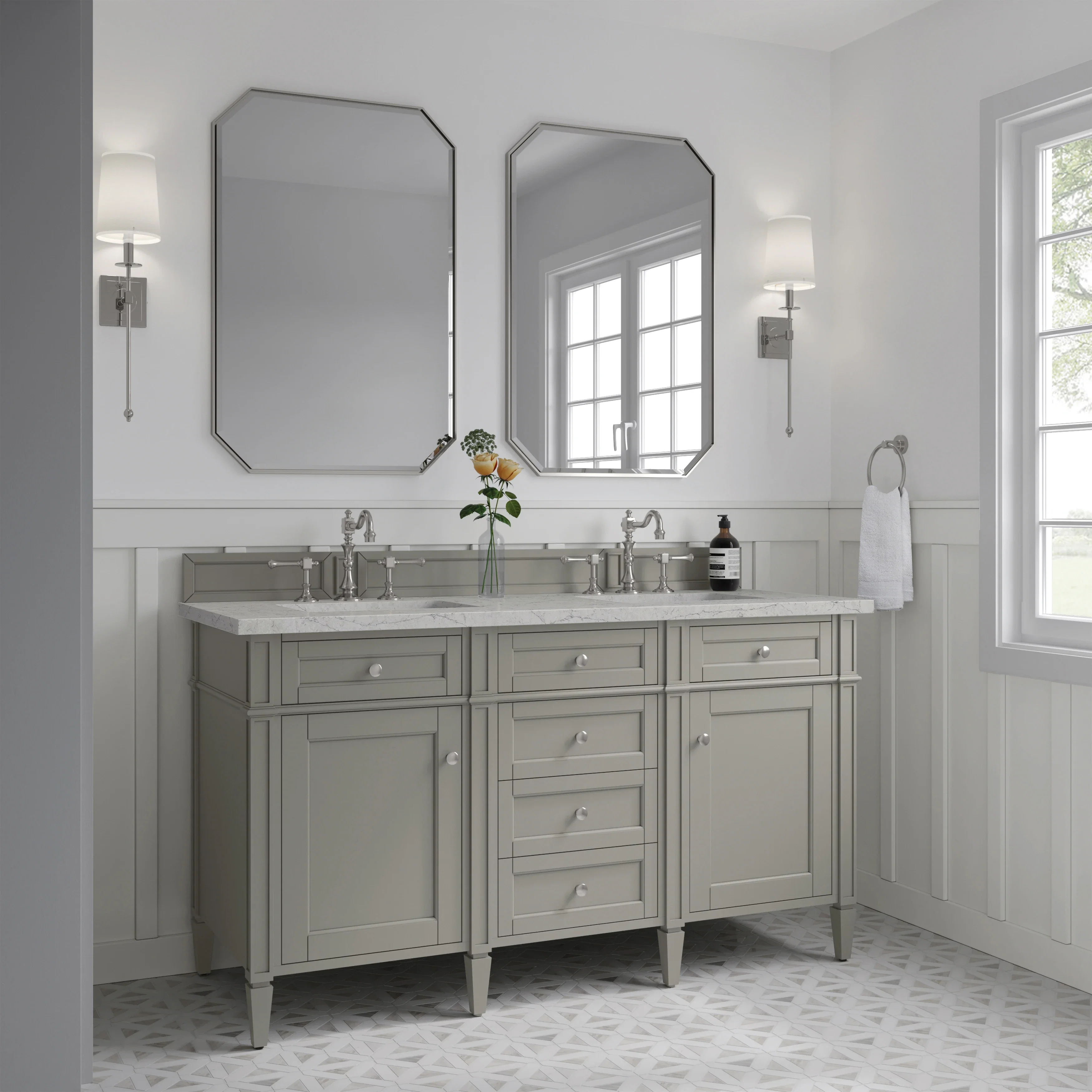 Brittany 60" Double Vanity, Urban Gray w/ 3 CM Eternal Jasmine Pearl Silestone Top
