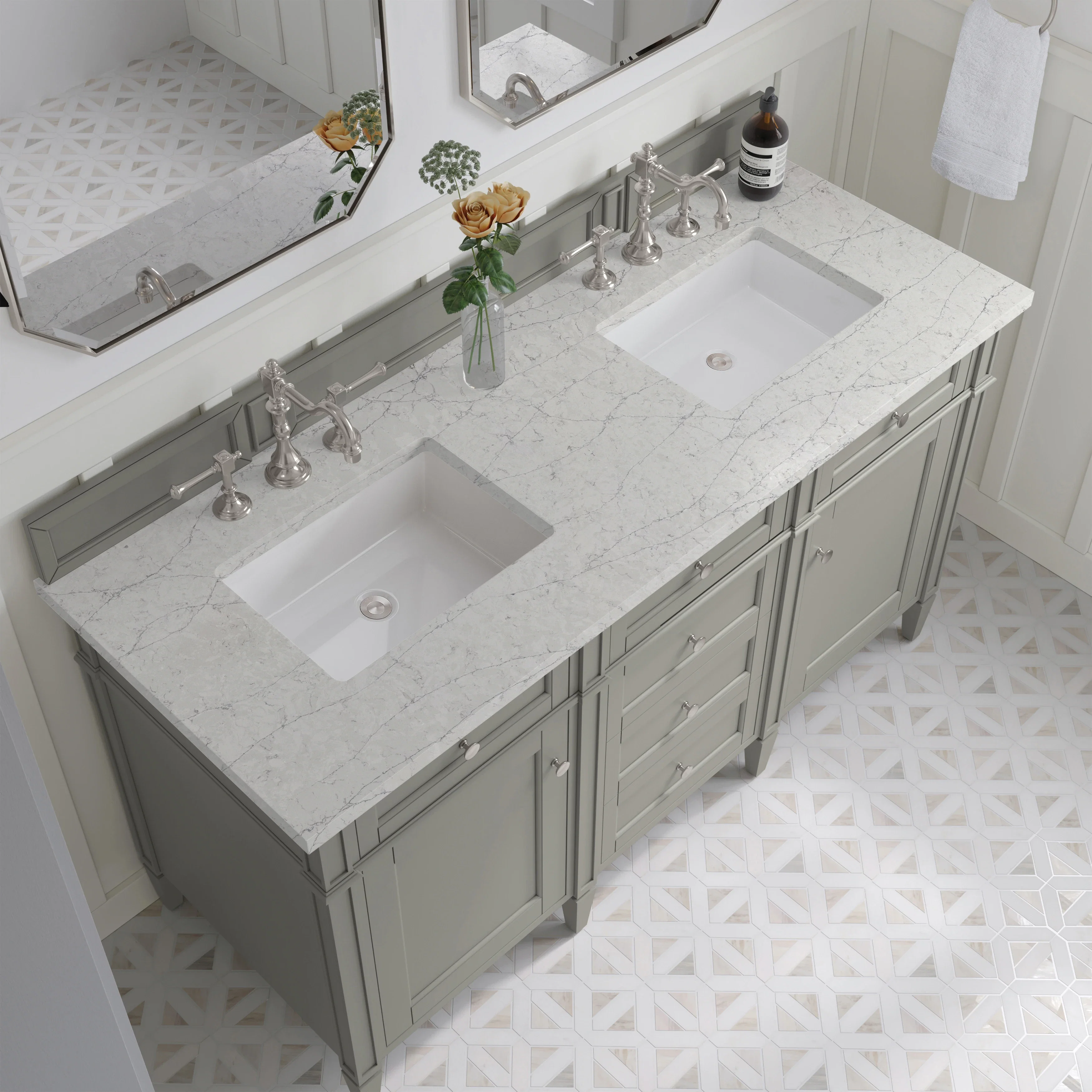 Brittany 60" Double Vanity, Urban Gray w/ 3 CM Eternal Jasmine Pearl Silestone Top