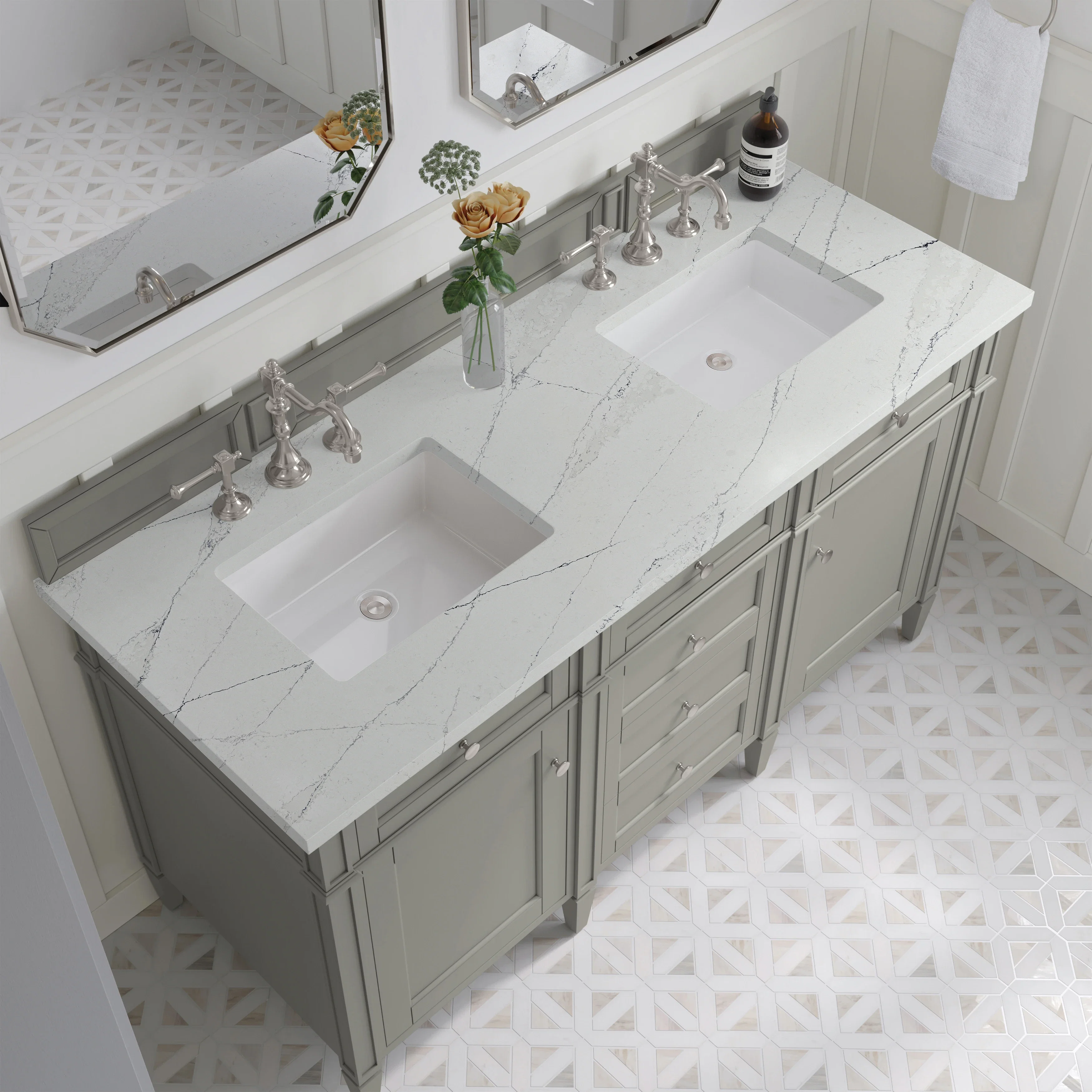 Brittany 60" Double Vanity, Urban Gray w/ 3 CM Ethereal Noctis Silestone Top