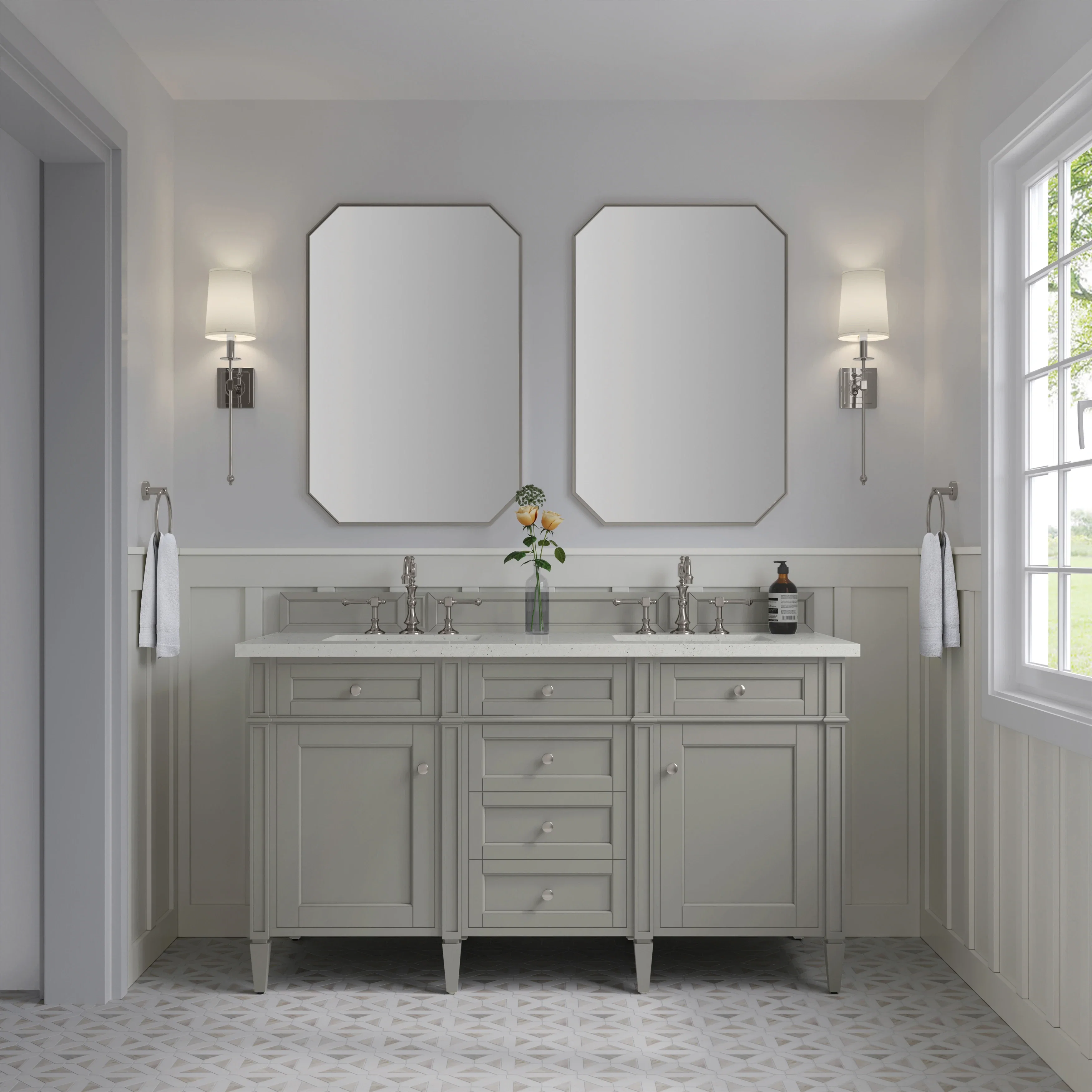 Brittany 60" Double Vanity, Urban Gray w/ 3 CM Lime Delight Silestone Top