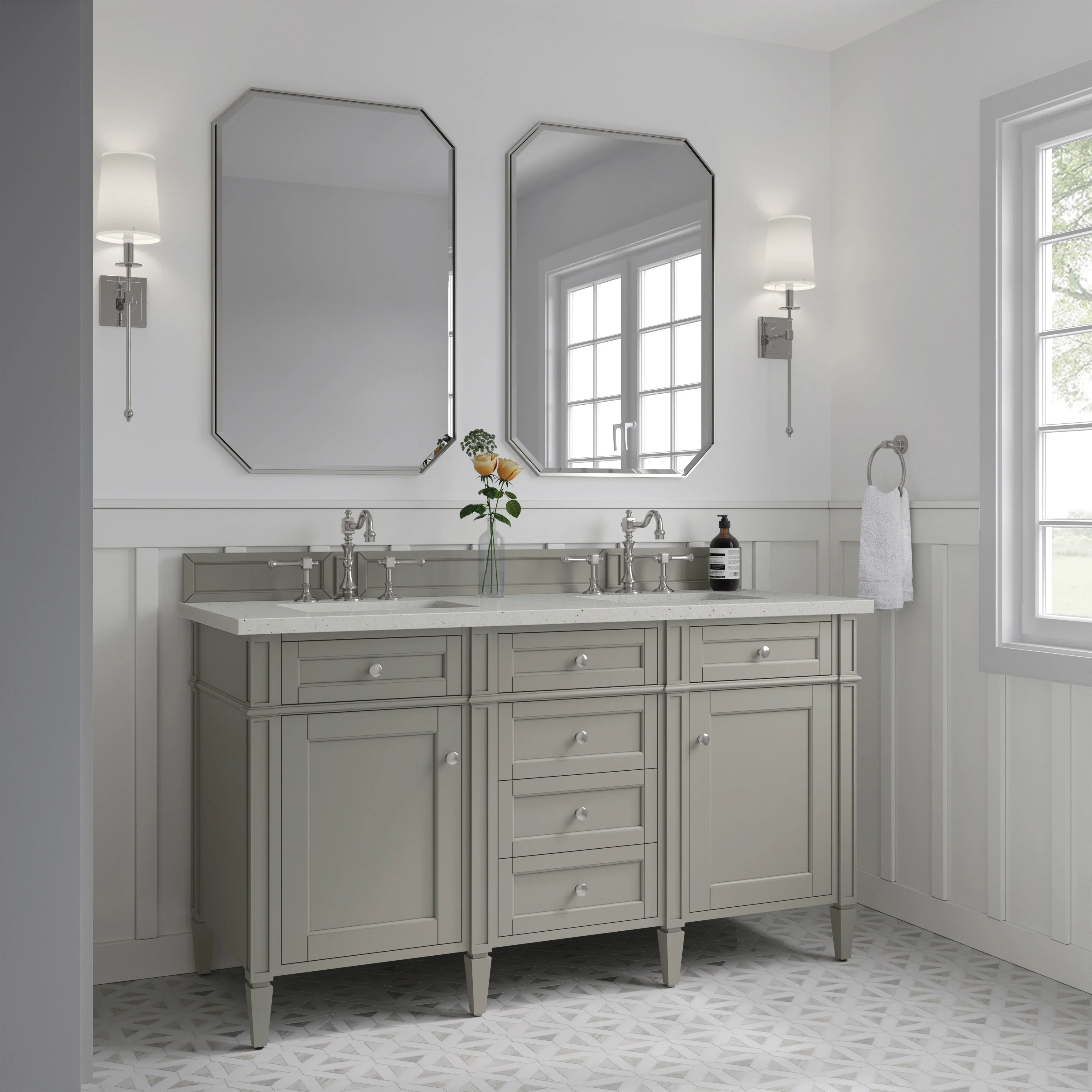 Brittany 60" Double Vanity, Urban Gray w/ 3 CM Lime Delight Silestone Top