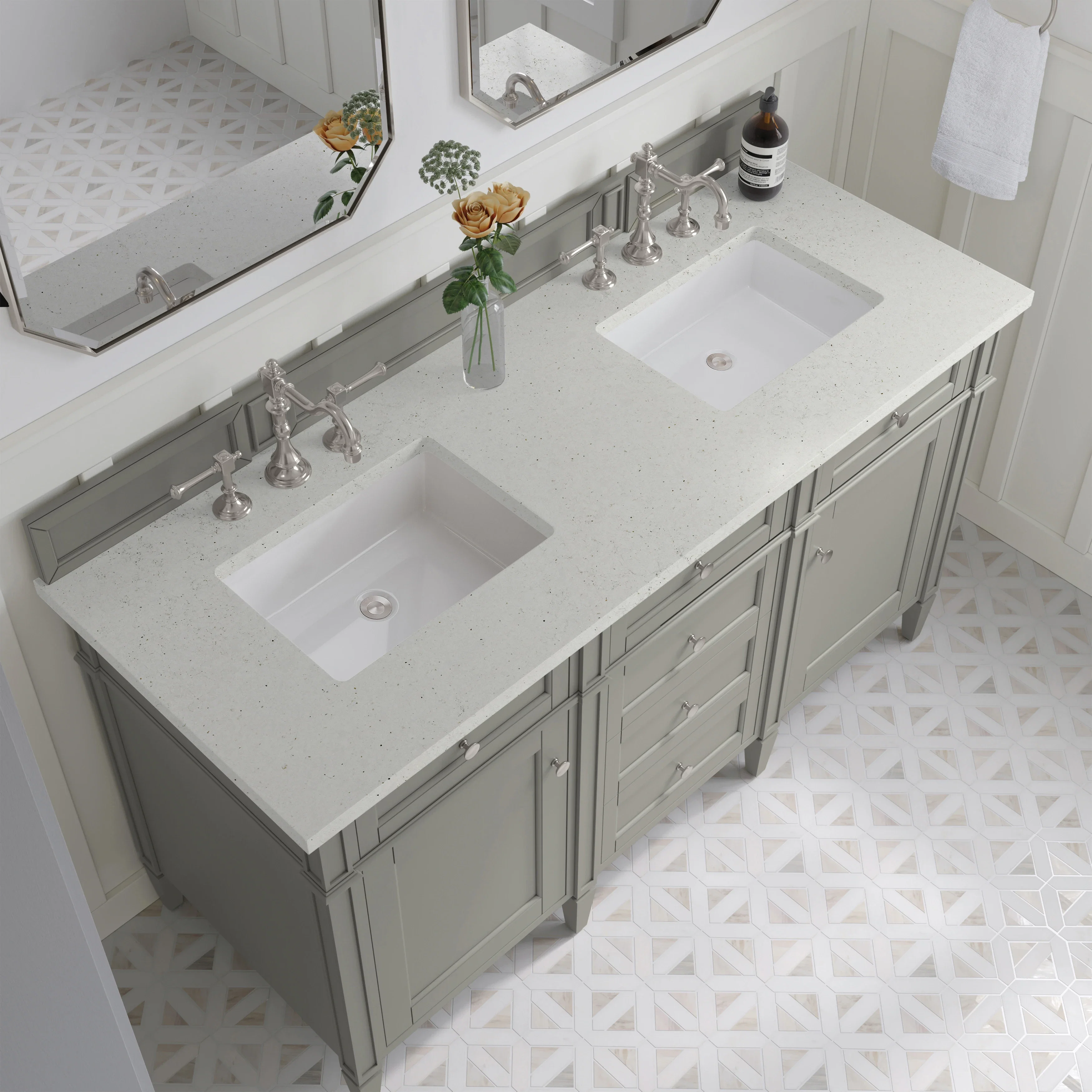 Brittany 60" Double Vanity, Urban Gray w/ 3 CM Lime Delight Silestone Top