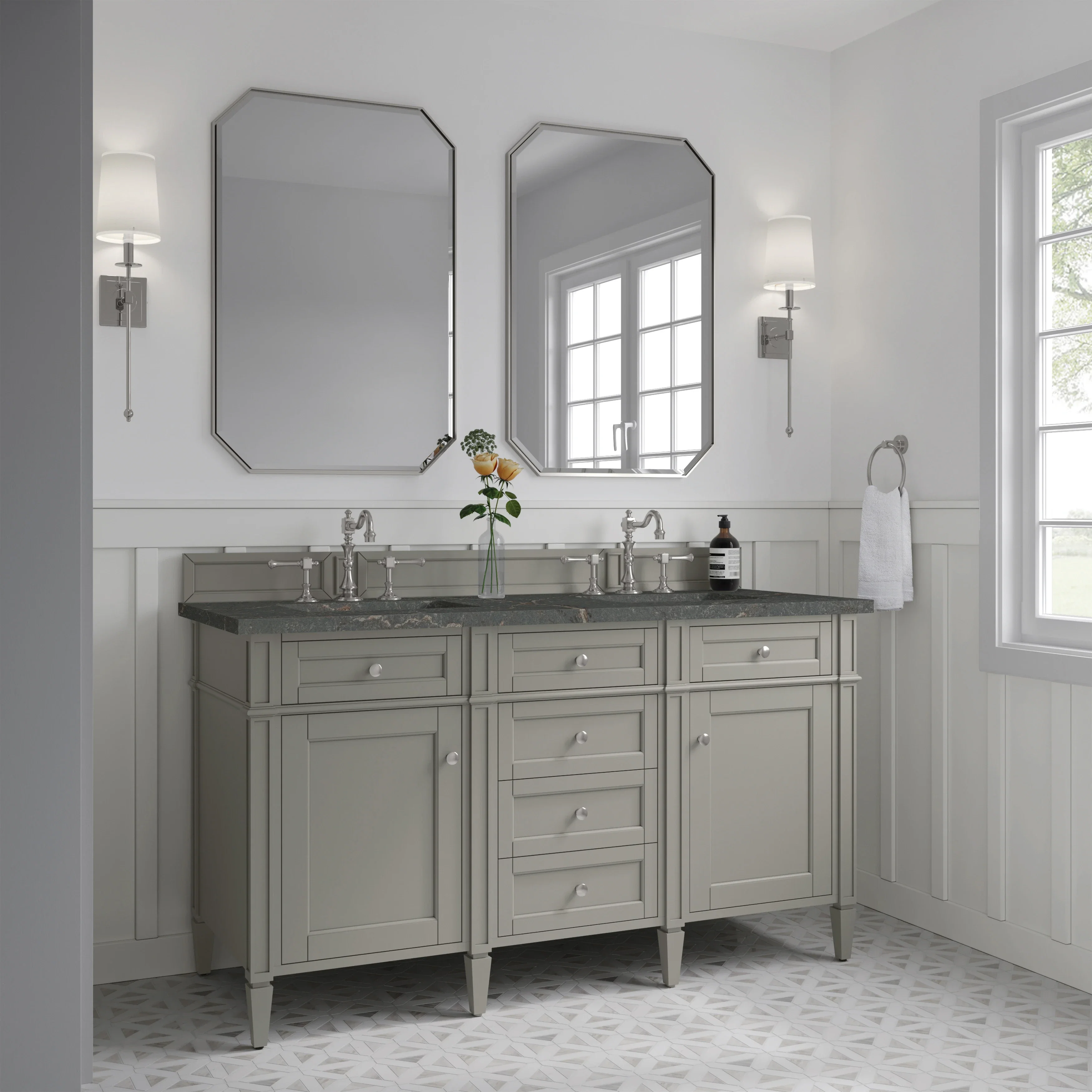 Brittany 60" Double Vanity, Urban Gray w/ 3 CM Parisien Bleu Silestone Top
