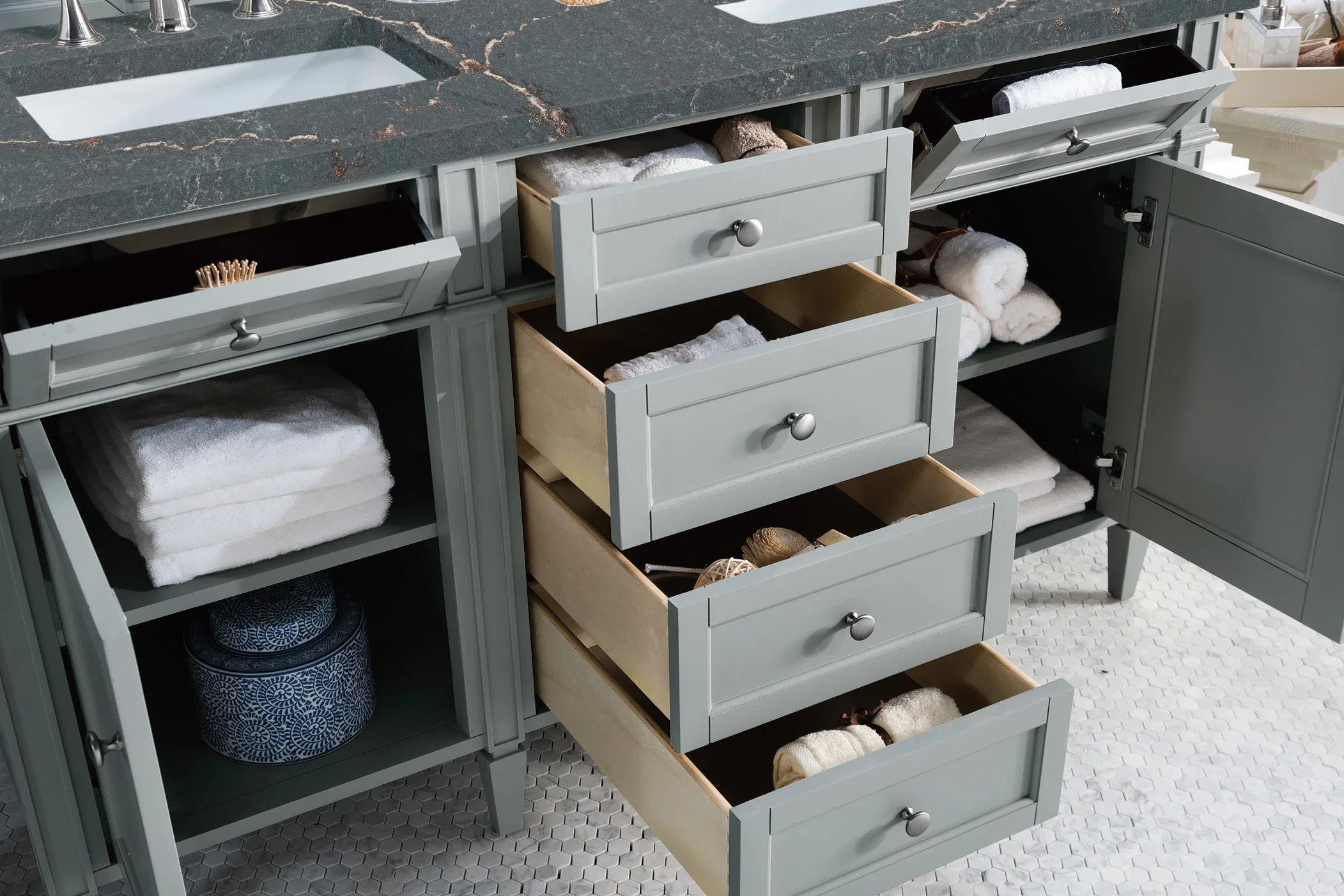 Brittany 60" Double Vanity, Urban Gray w/ 3 CM Parisien Bleu Silestone Top