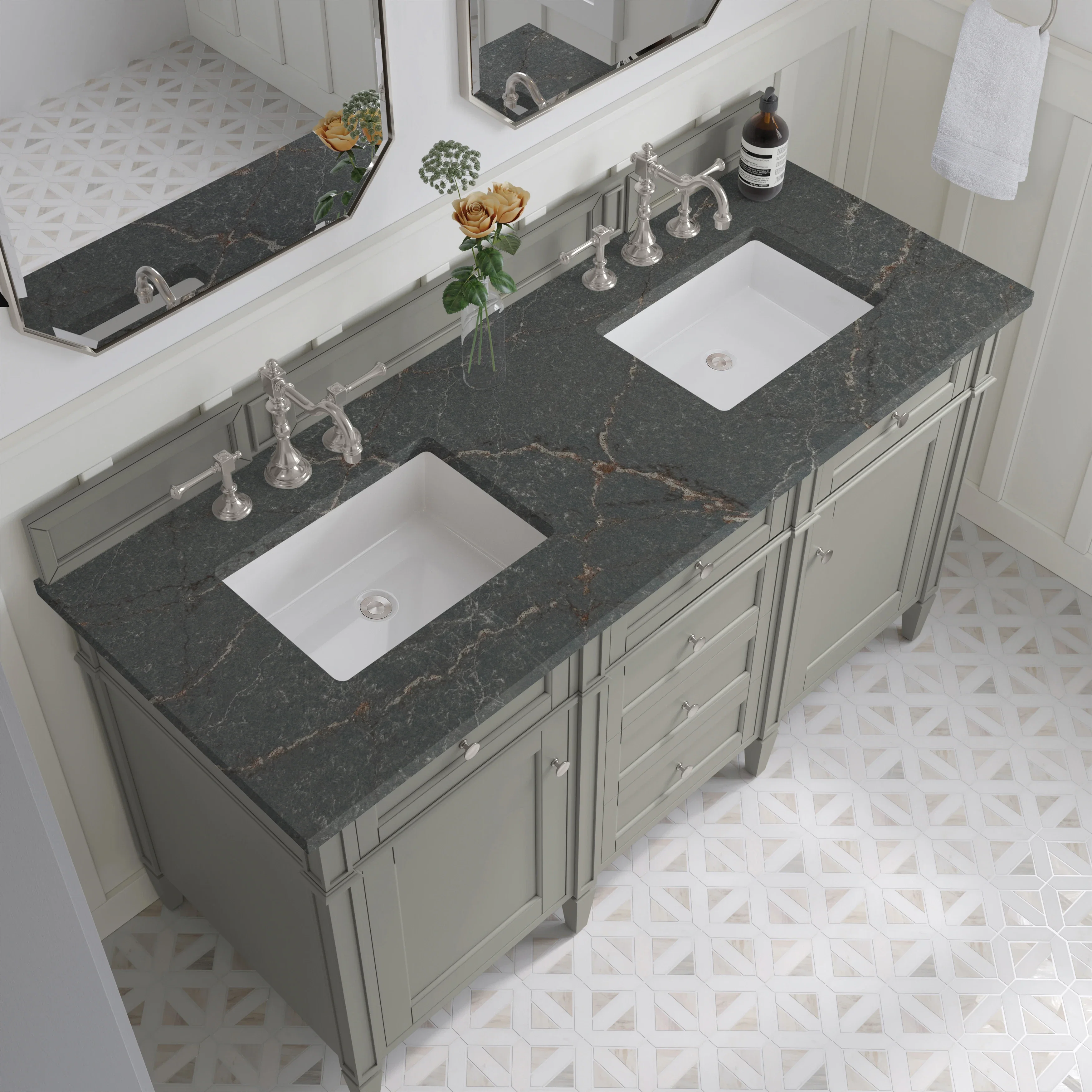Brittany 60" Double Vanity, Urban Gray w/ 3 CM Parisien Bleu Silestone Top