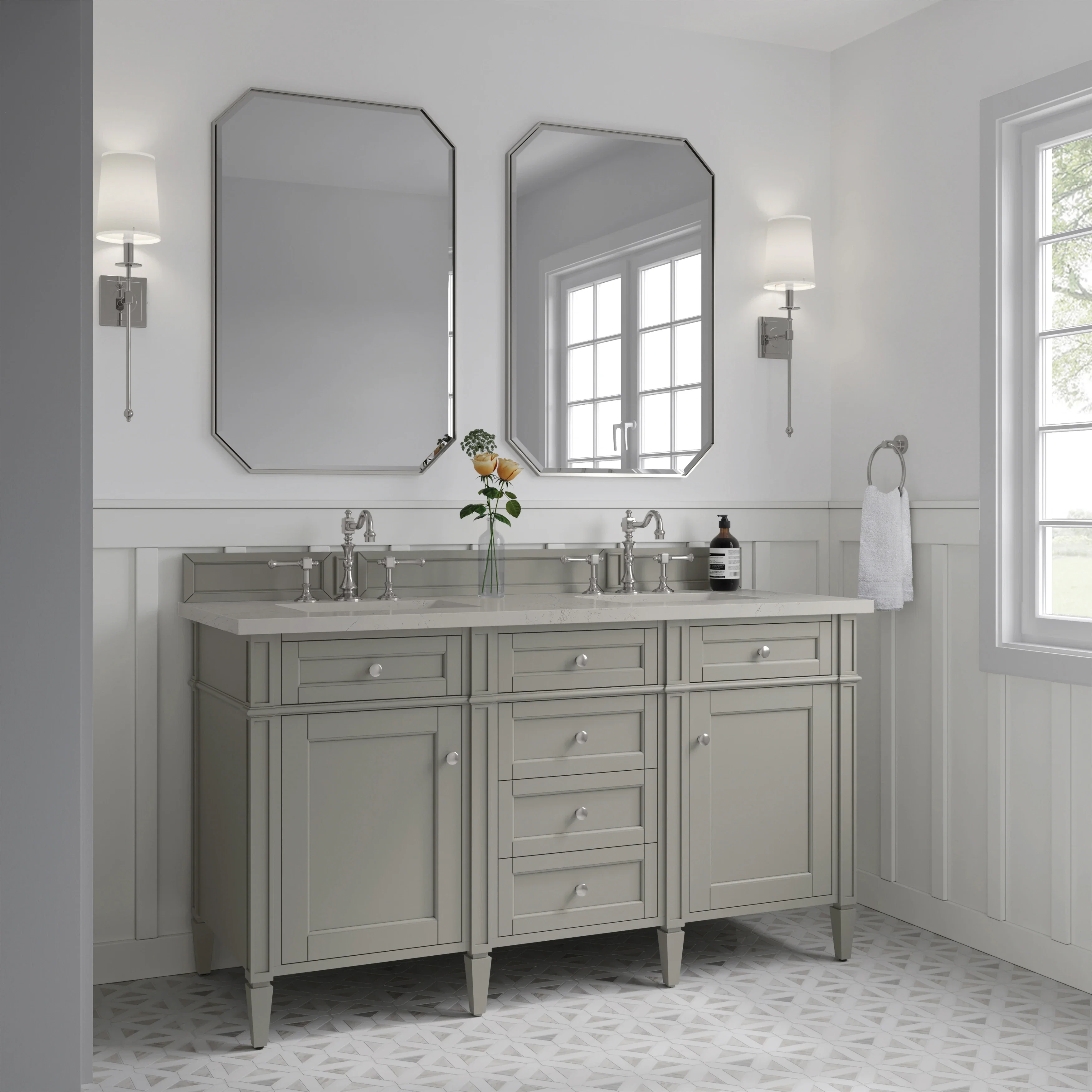 Brittany 60" Double Vanity, Urban Gray, w/ 3 CM Siberian Silestone Top