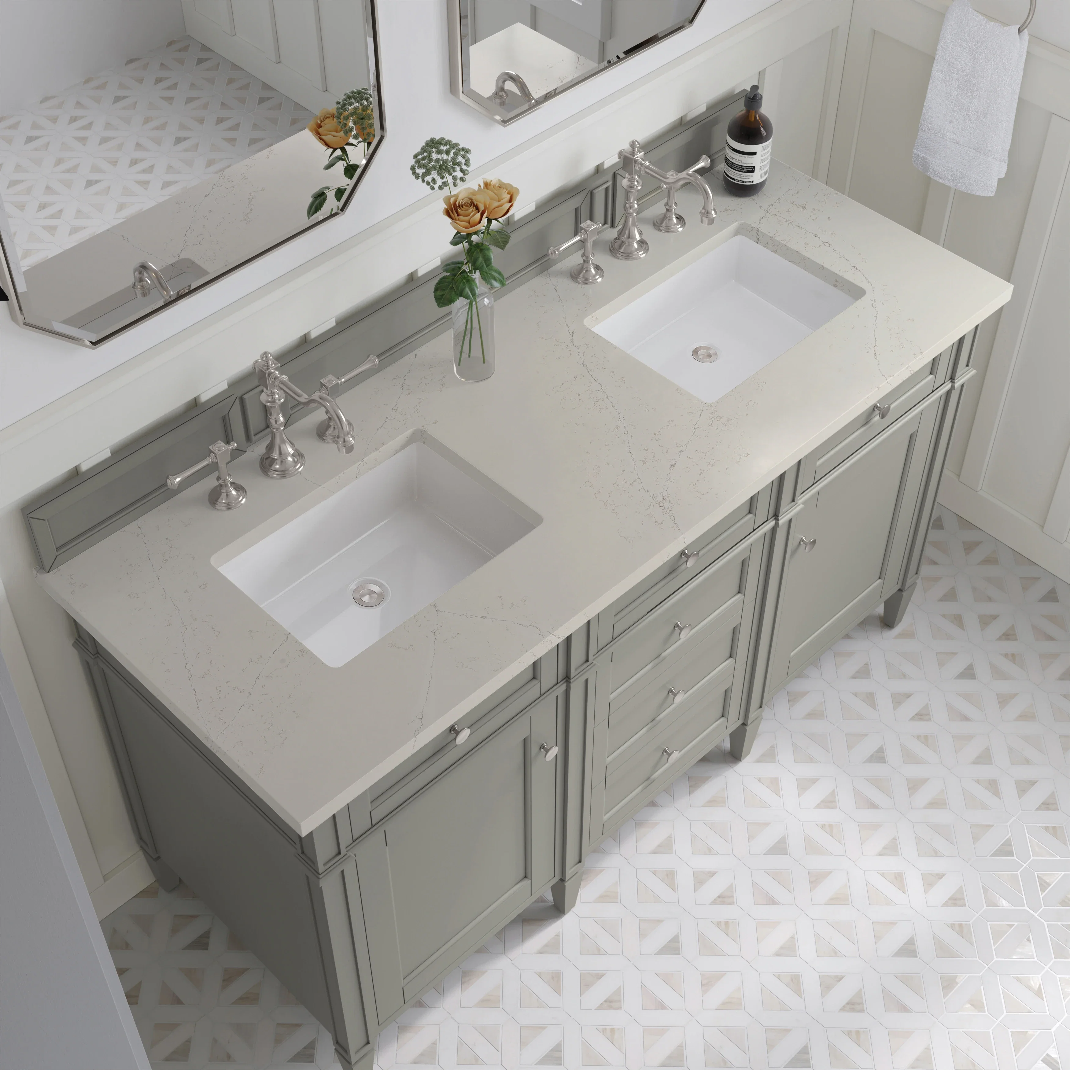 Brittany 60" Double Vanity, Urban Gray, w/ 3 CM Siberian Silestone Top