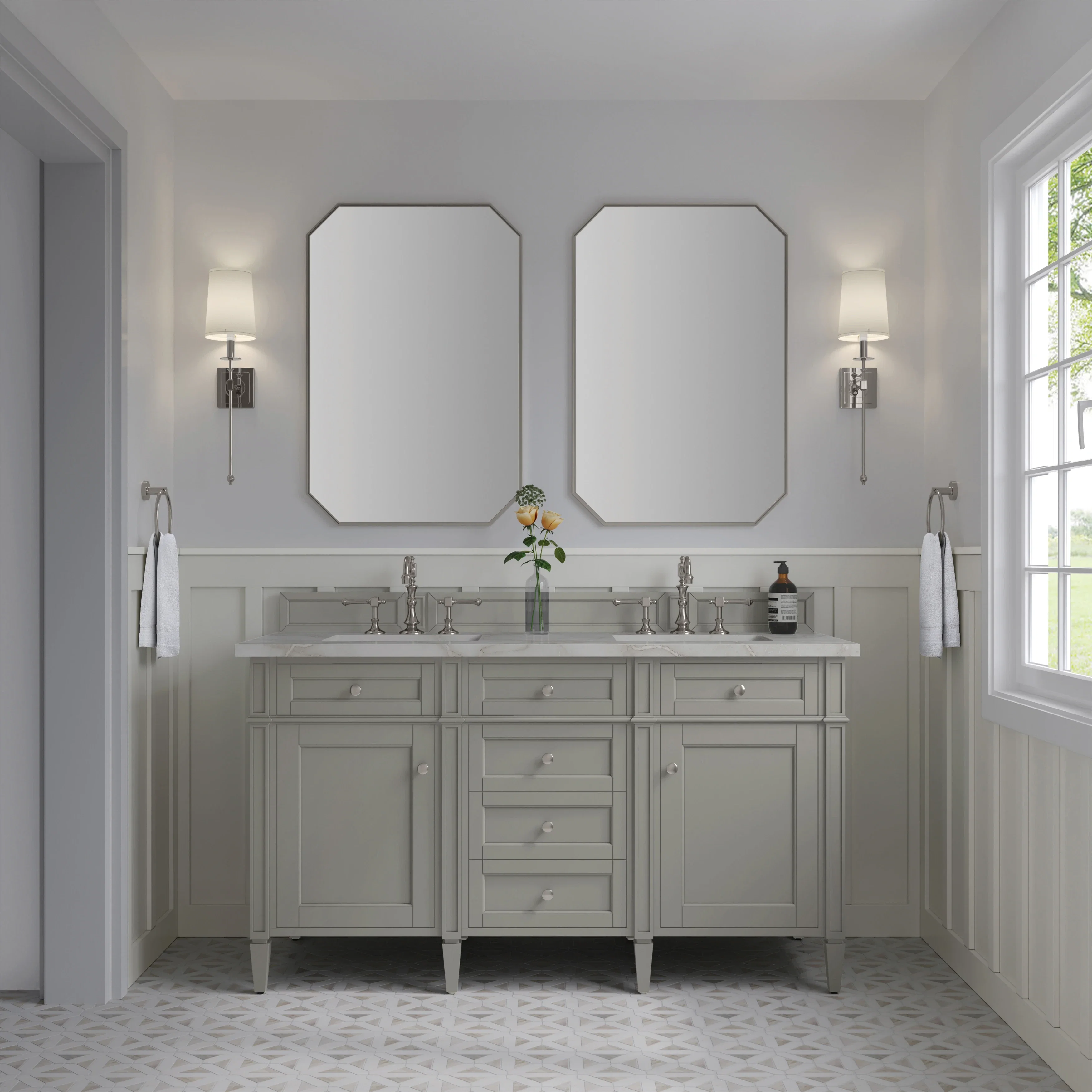 Brittany 60" Double Vanity, Urban Gray w/ 3 CM Victorian Silver Silestone Top