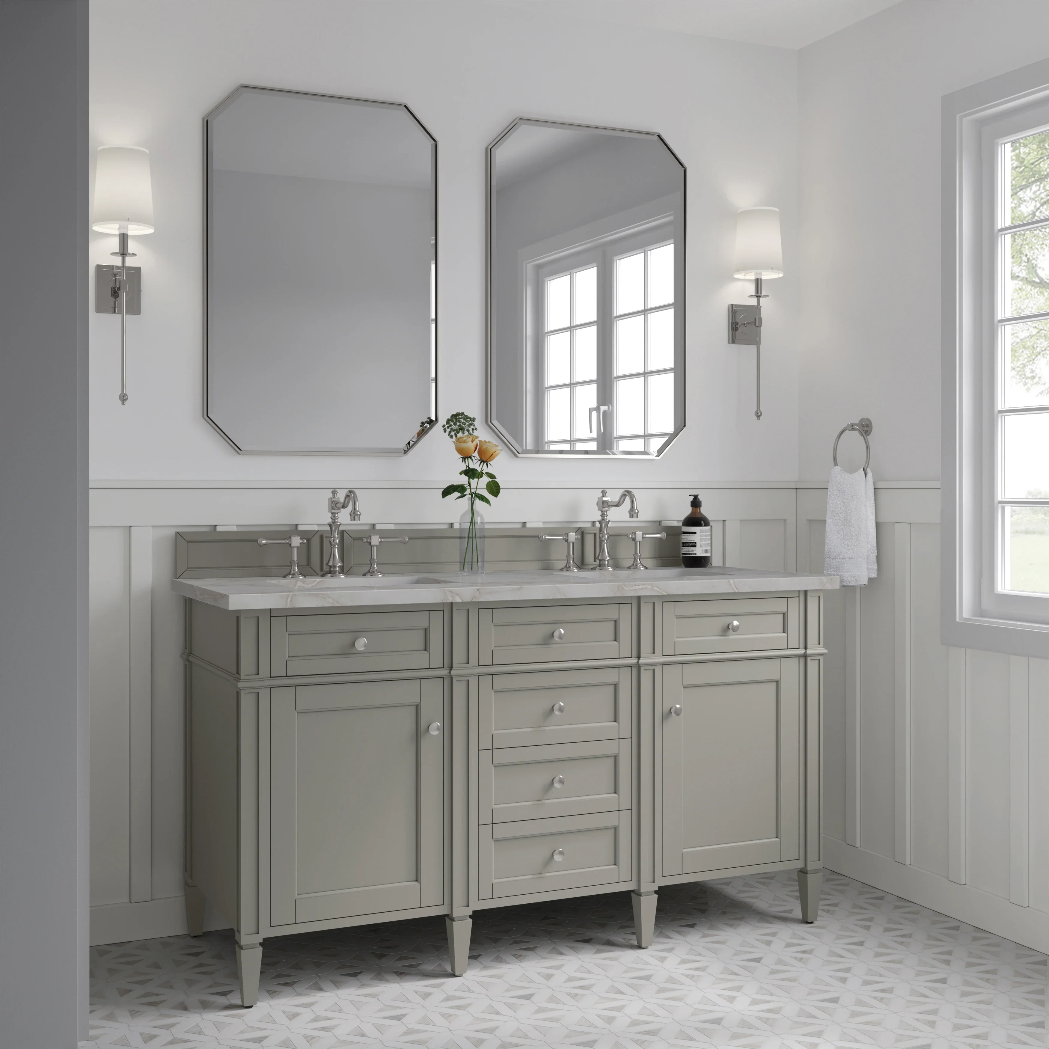Brittany 60" Double Vanity, Urban Gray w/ 3 CM Victorian Silver Silestone Top