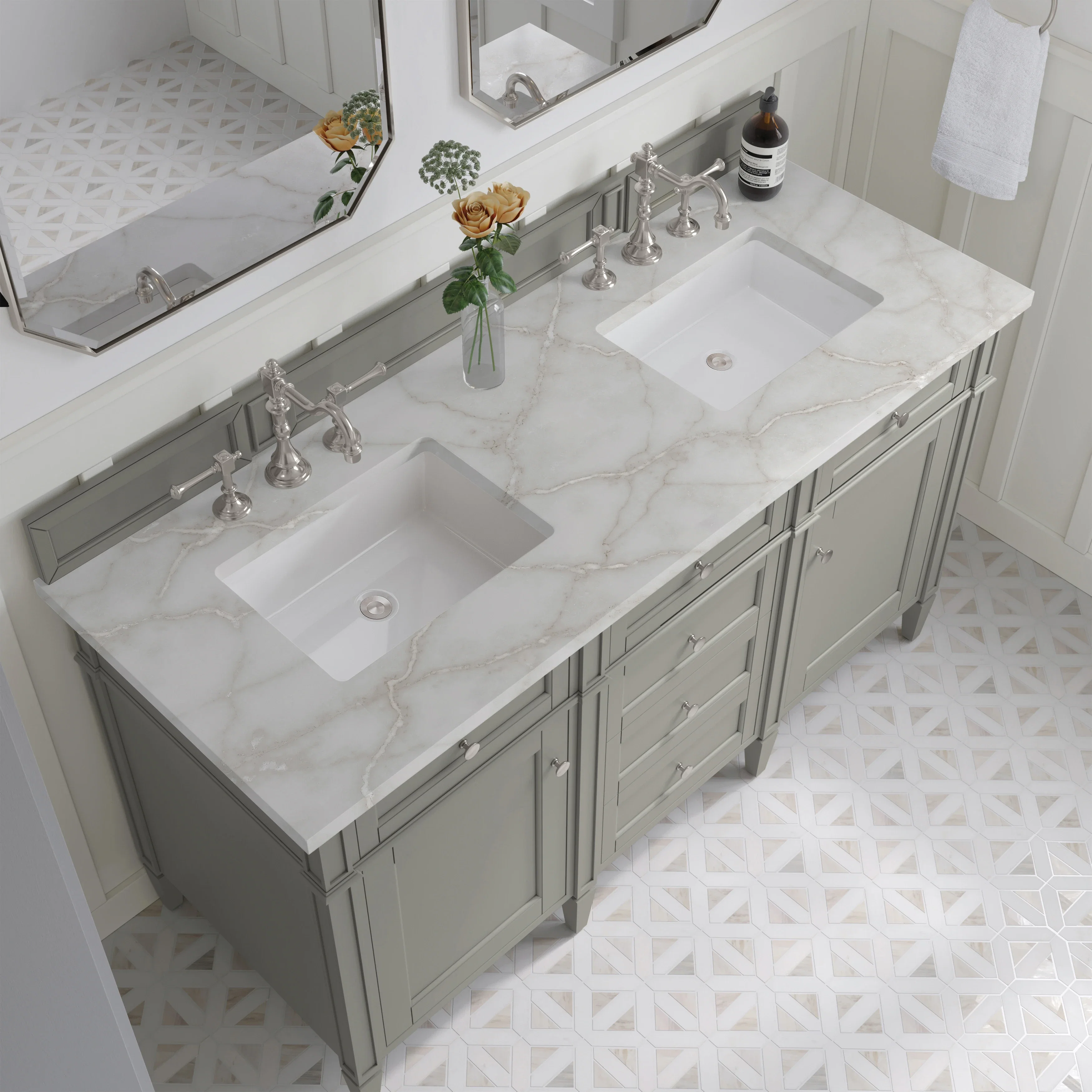 Brittany 60" Double Vanity, Urban Gray w/ 3 CM Victorian Silver Silestone Top