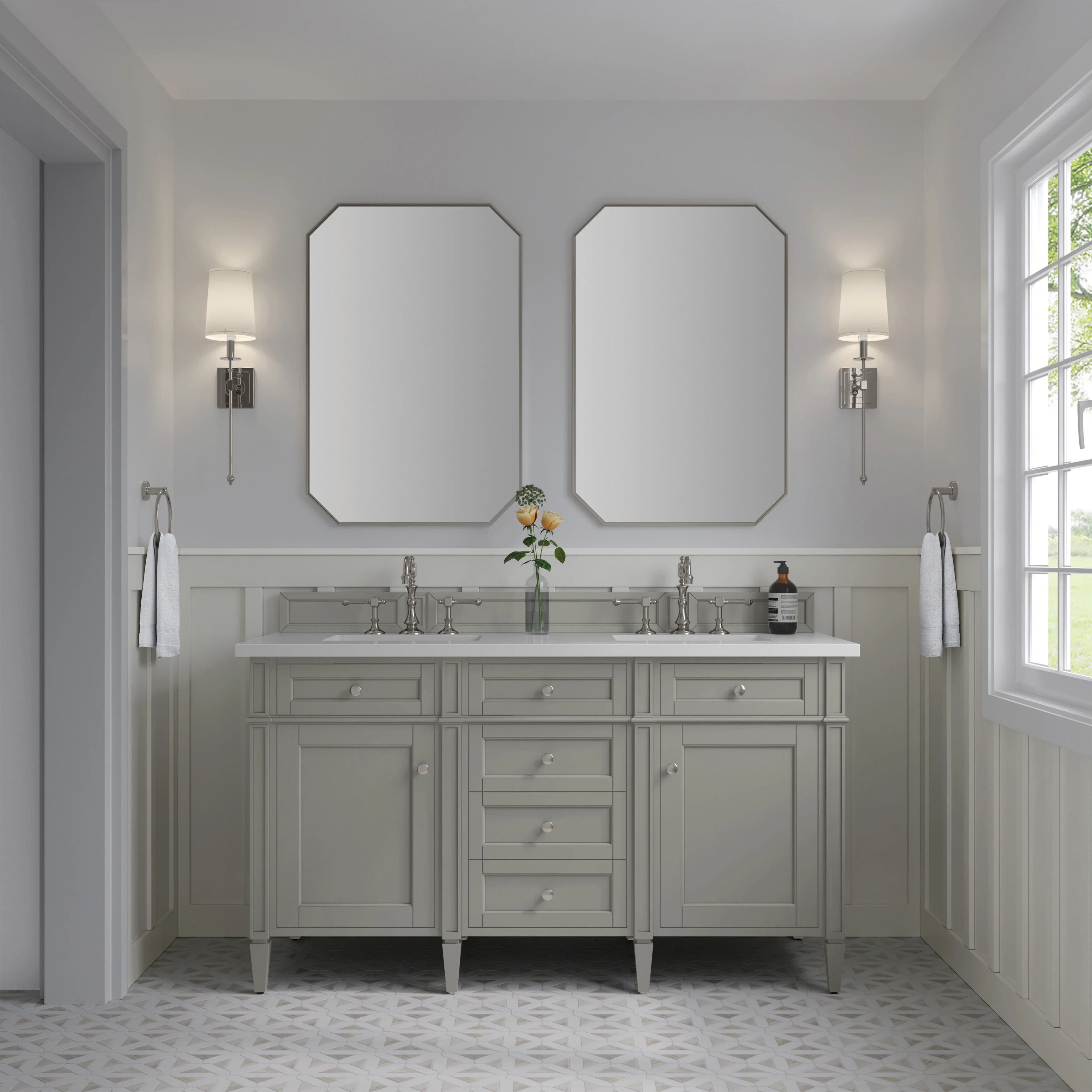 Brittany 60" Double Vanity, Urban Gray w/ 3 CM White Zeus Silestone Top