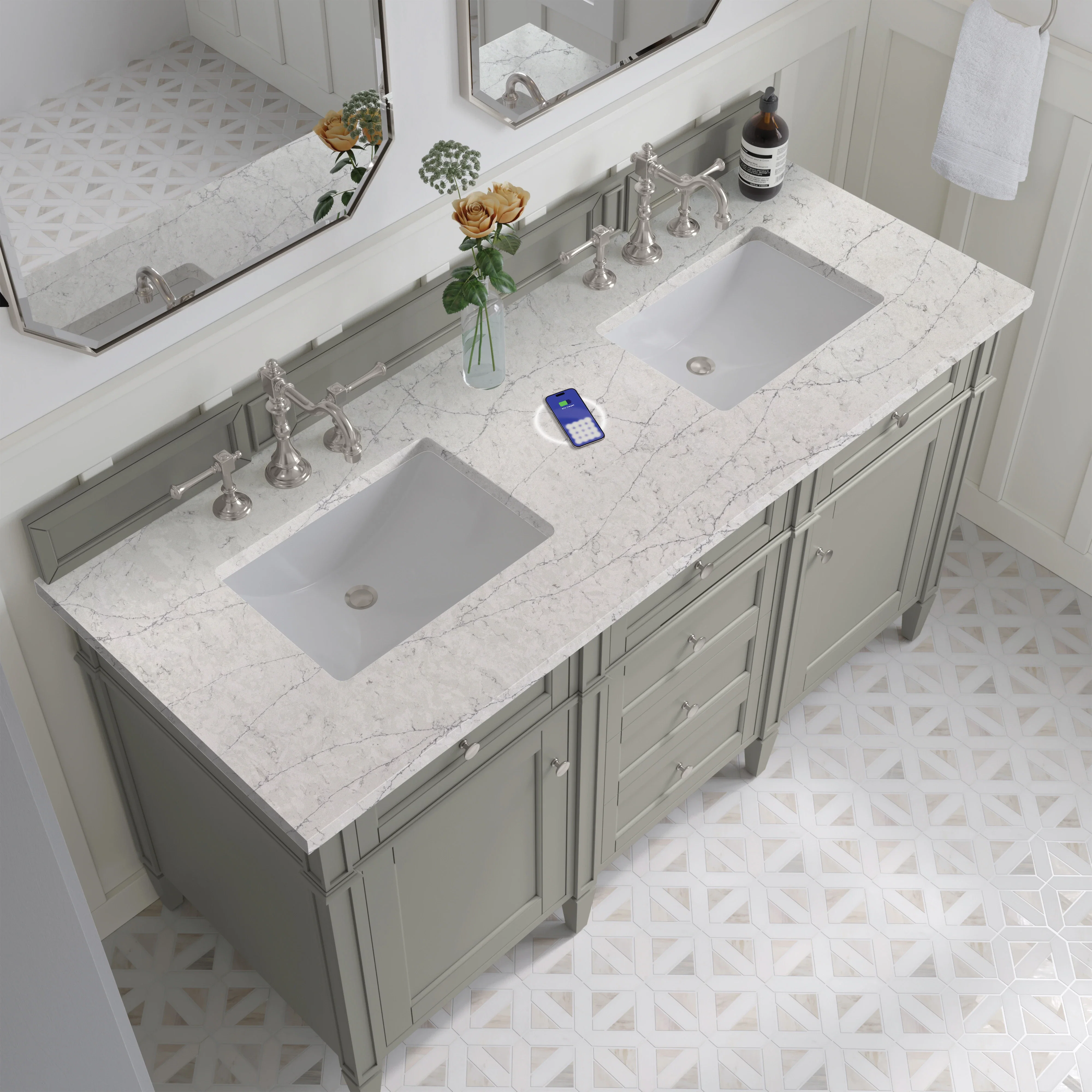 Brittany 60" Double Vanity, Urban Gray w/ 3 CM Eternal Jasmine Pearl Silestone Top w/FreePower Wireless Charger