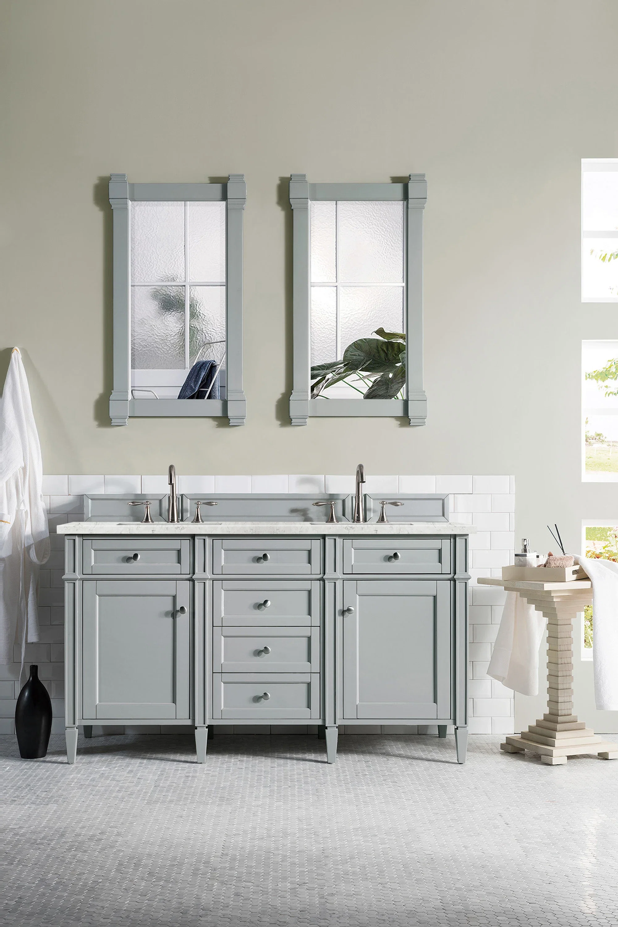Brittany 60" Double Vanity, Urban Gray w/ 3 CM Eternal Jasmine Pearl Silestone Top w/FreePower Wireless Charger