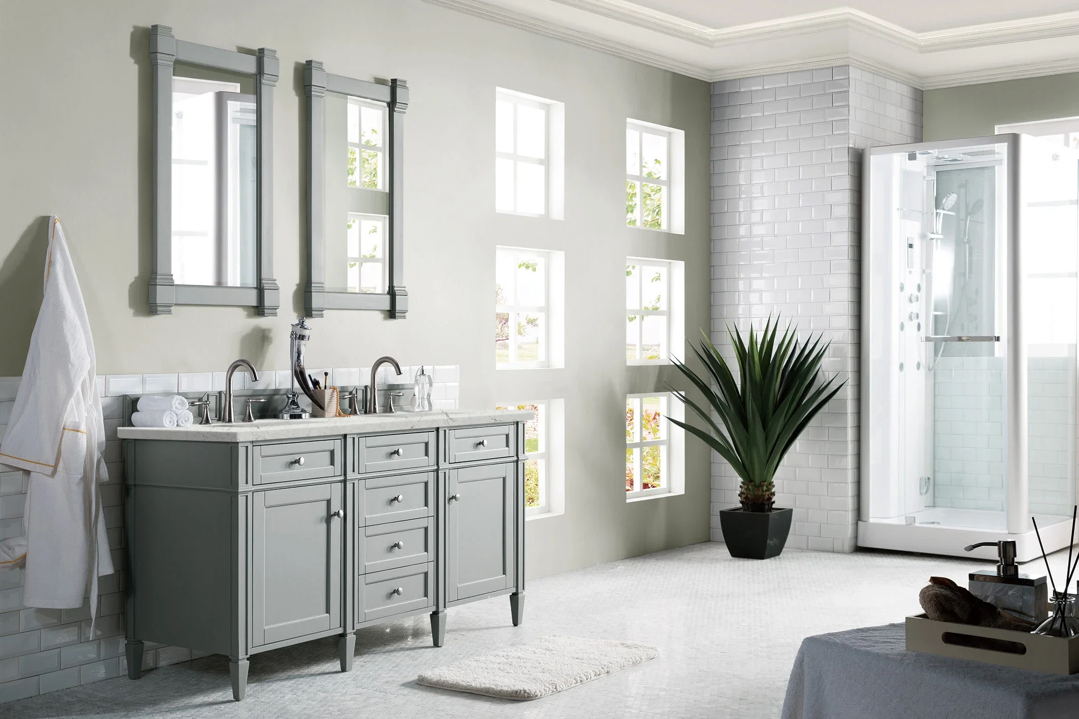 Brittany 60" Double Vanity, Urban Gray w/ 3 CM Eternal Jasmine Pearl Silestone Top w/FreePower Wireless Charger