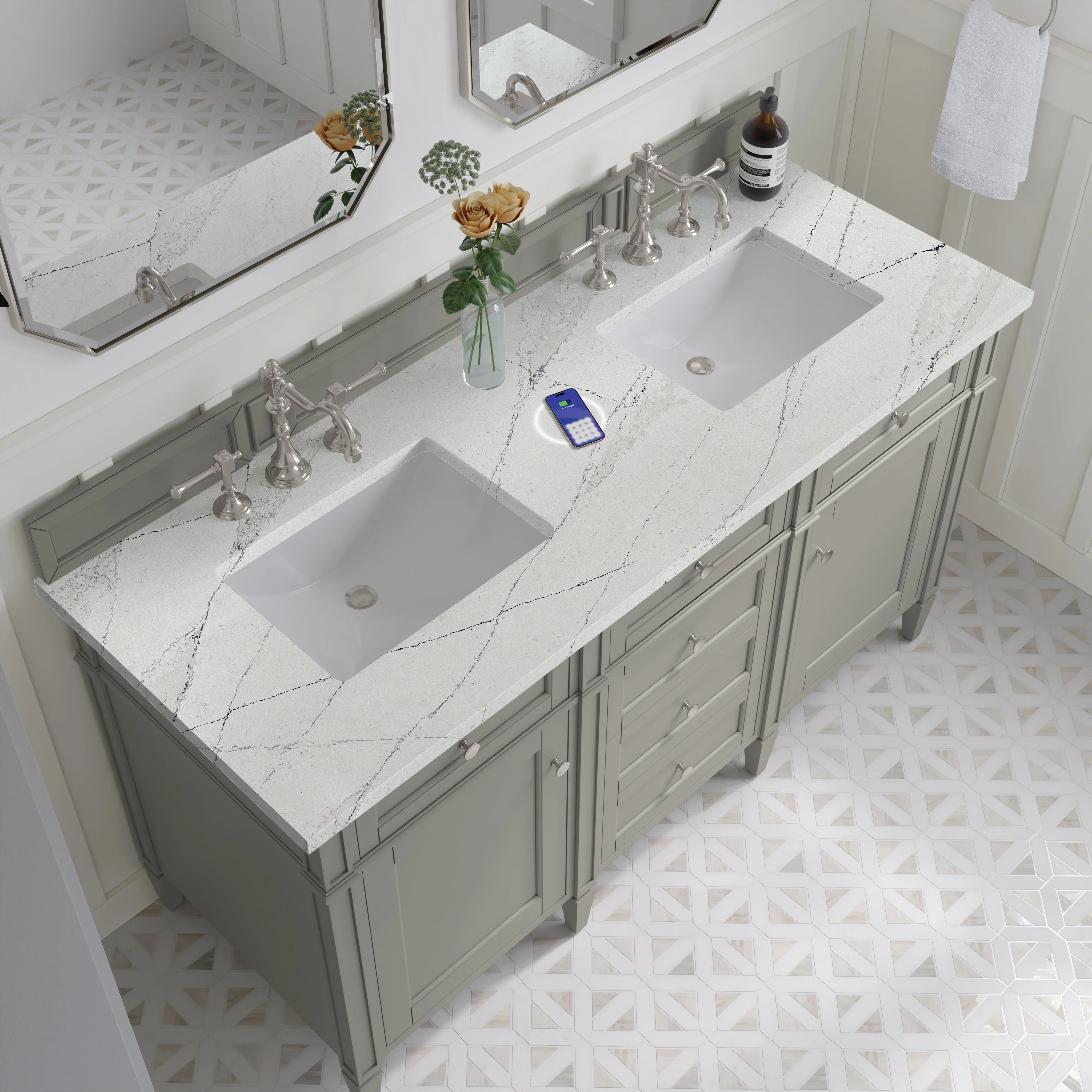 Brittany 60" Double Vanity, Urban Gray w/ 3 CM Ethereal Noctis Silestone Top w/FreePower Wireless Charger
