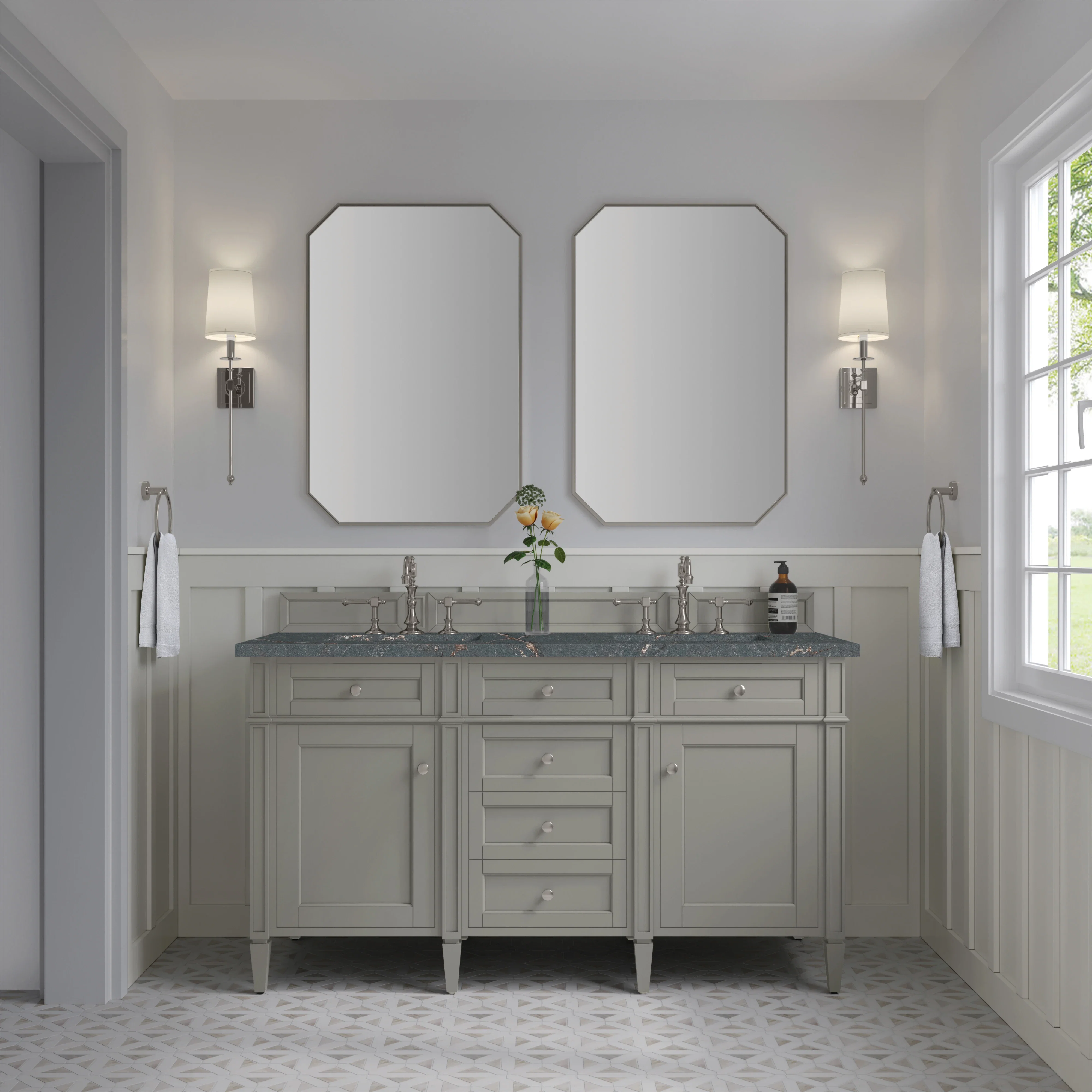 Brittany 60" Double Vanity, Urban Gray w/ 3 CM Parisien Bleu Silestone Top w/FreePower Wireless Charger