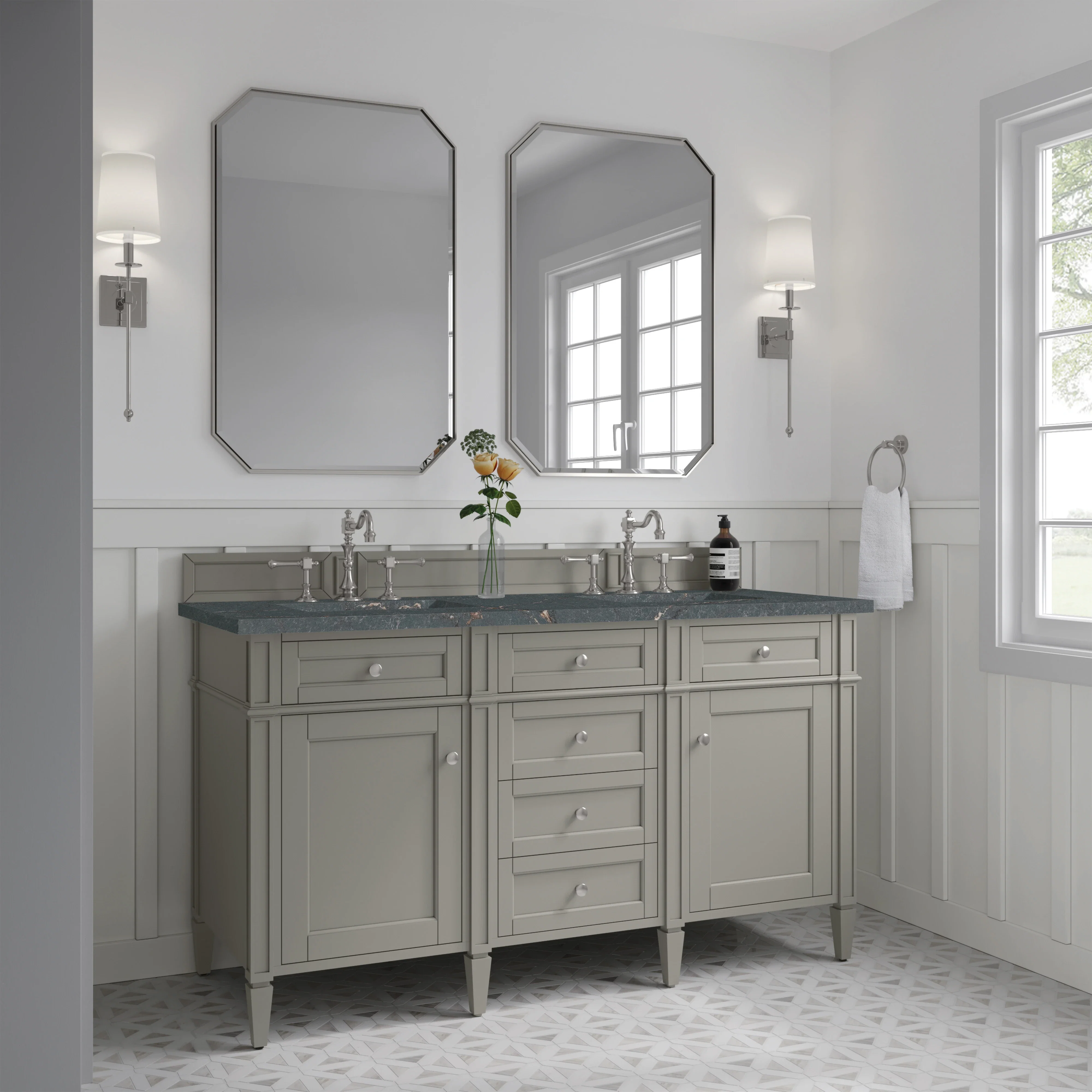 Brittany 60" Double Vanity, Urban Gray w/ 3 CM Parisien Bleu Silestone Top w/FreePower Wireless Charger