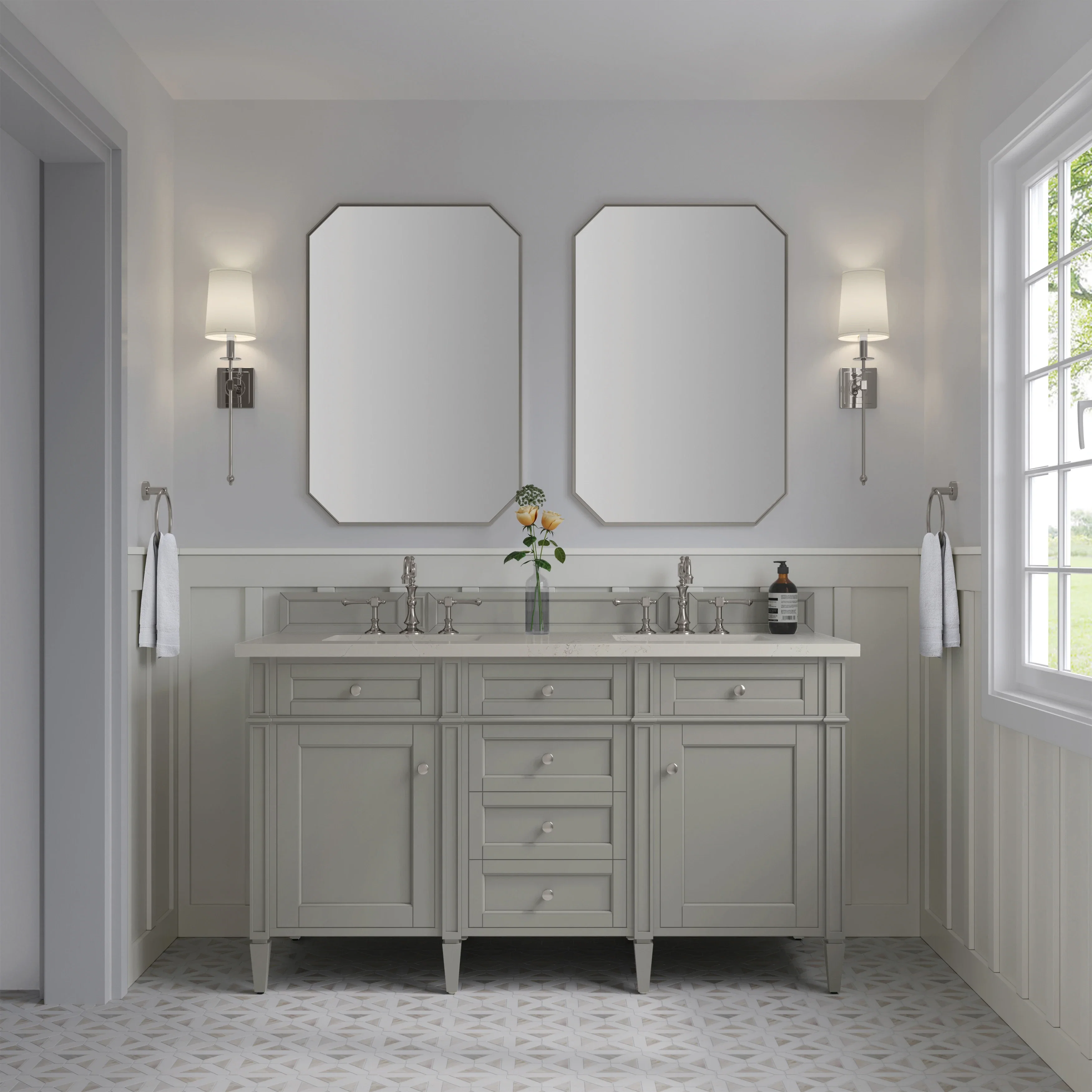 Brittany 60" Double Vanity, Urban Gray, w/ 3 CM Siberian Silestone Top w/FreePower Wireless Charger