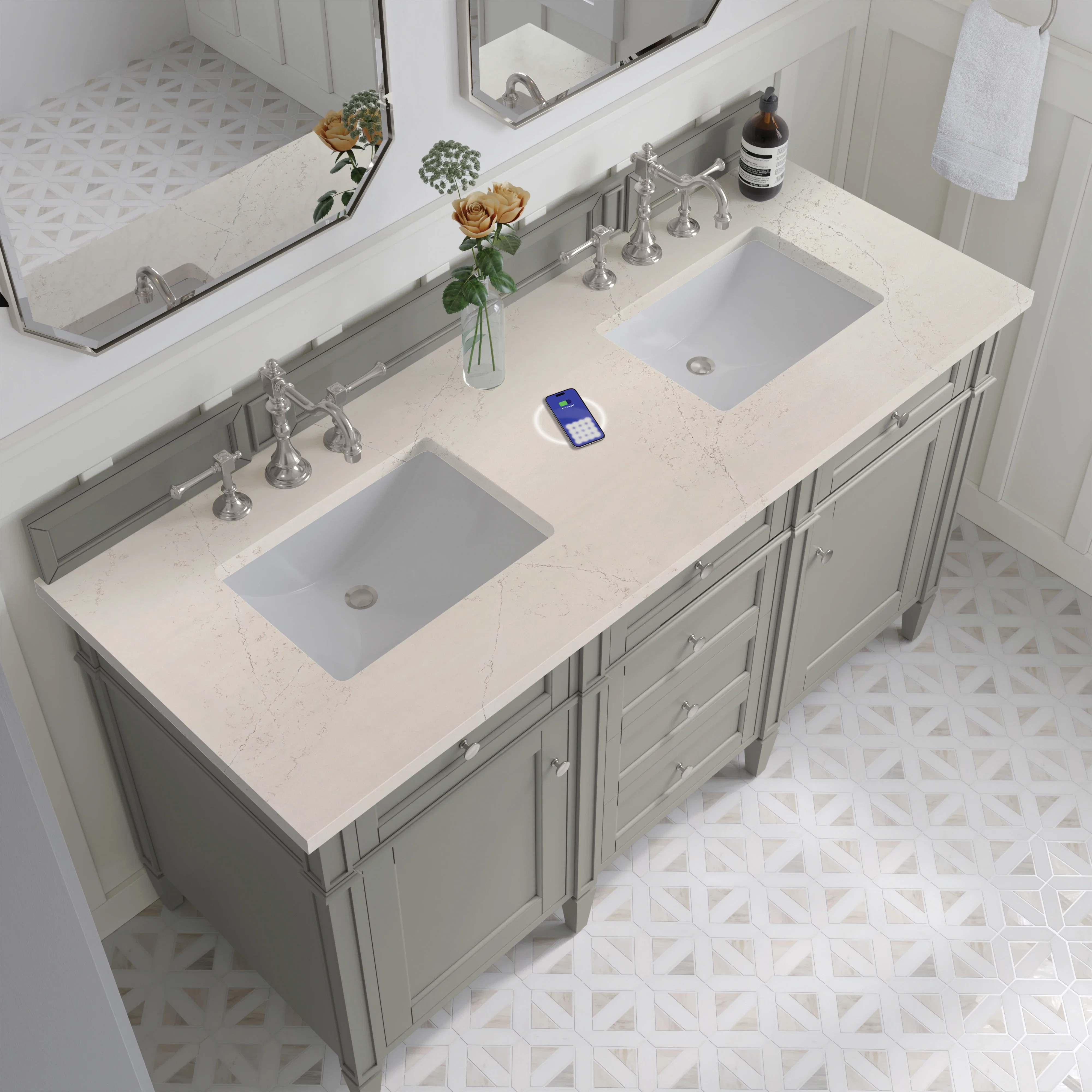 Brittany 60" Double Vanity, Urban Gray, w/ 3 CM Siberian Silestone Top w/FreePower Wireless Charger