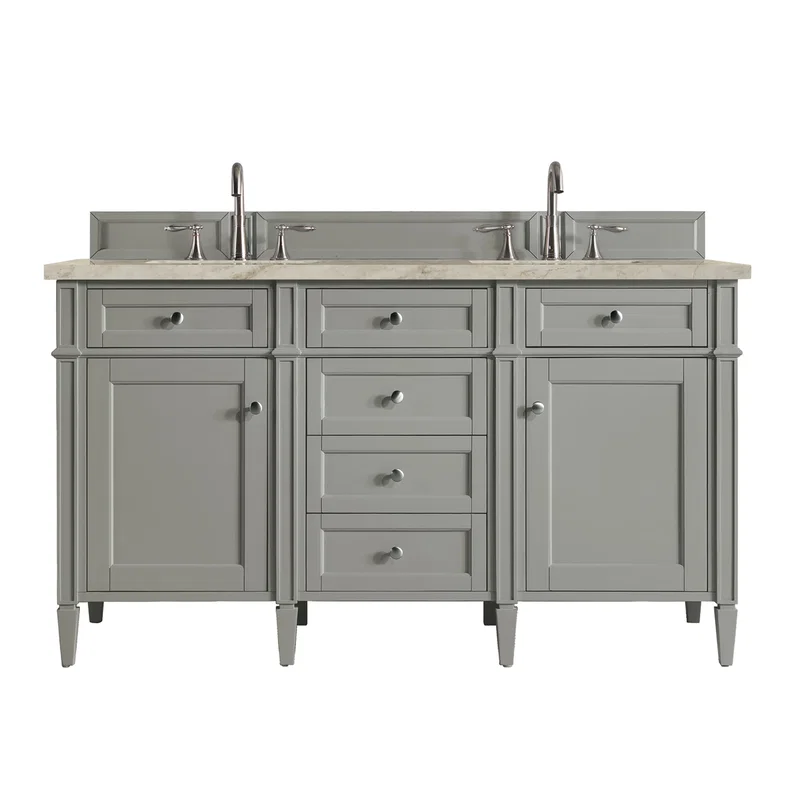 Brittany 60" Double Vanity, Urban Gray, w/ 3 CM Tajnar Eclos Top w/FreePower Wireless Charger