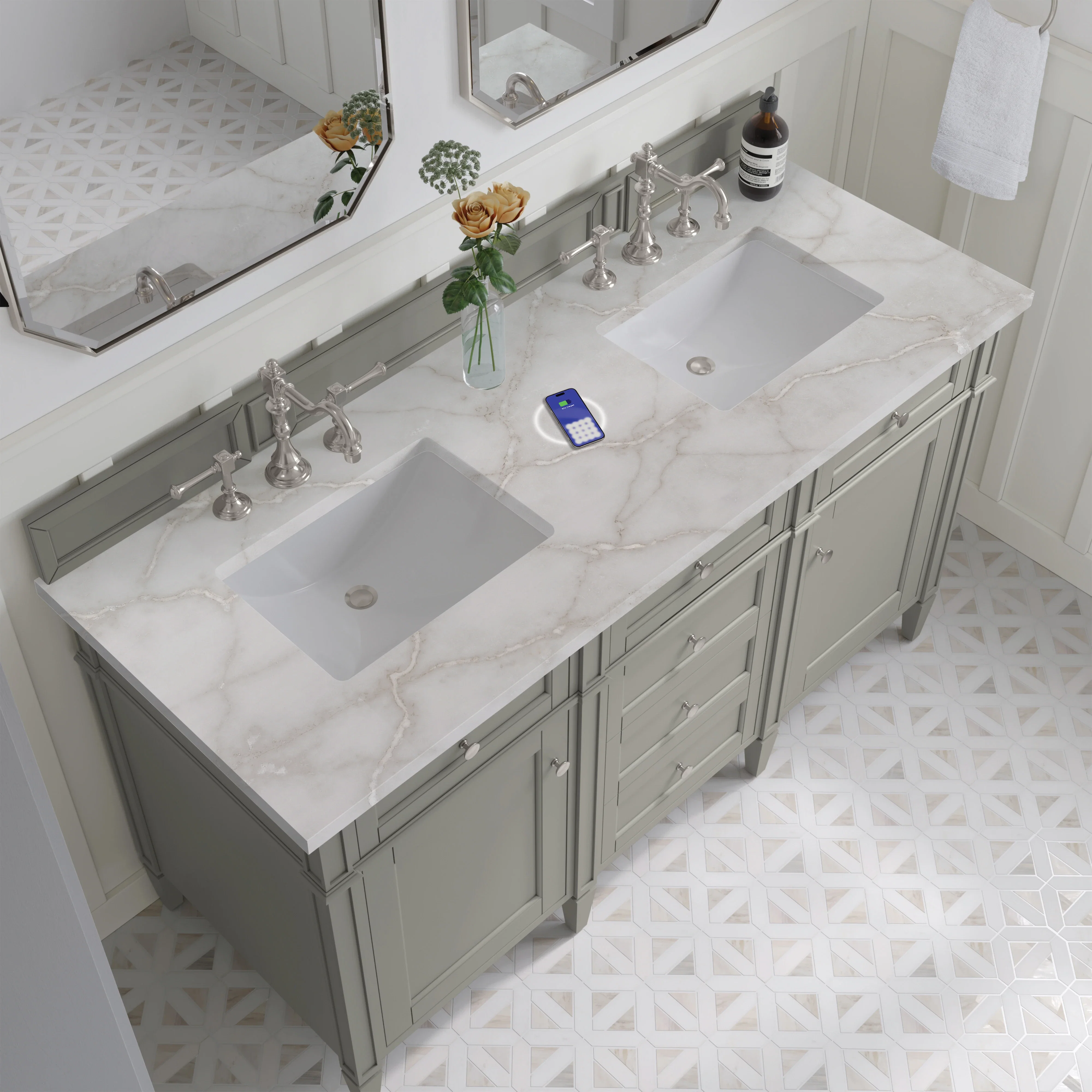Brittany 60" Double Vanity, Urban Gray w/ 3 CM Victorian Silver Silestone Top w/FreePower Wireless Charger