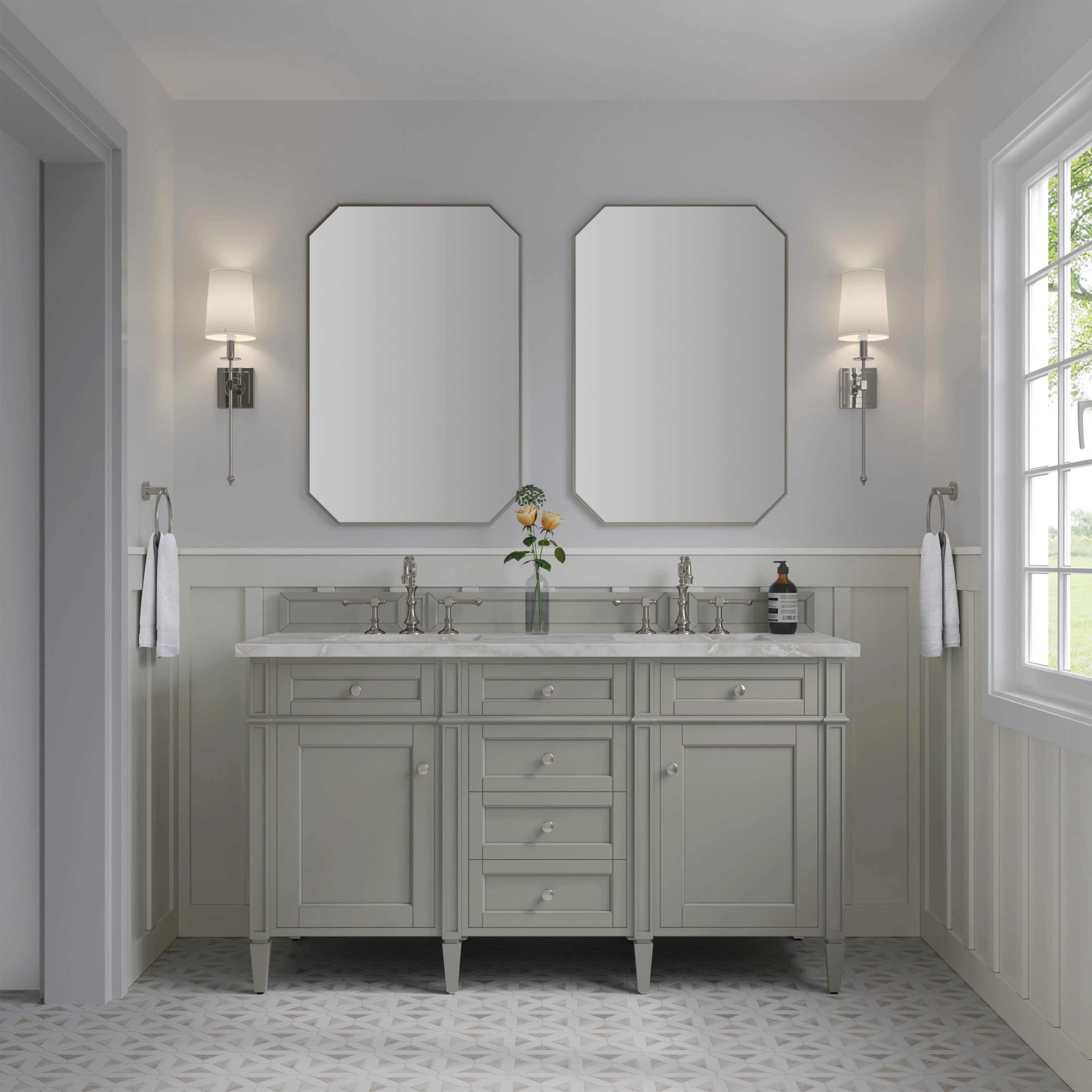 Brittany 60" Double Vanity, Urban Gray w/ 3 CM Victorian Silver Silestone Top w/FreePower Wireless Charger