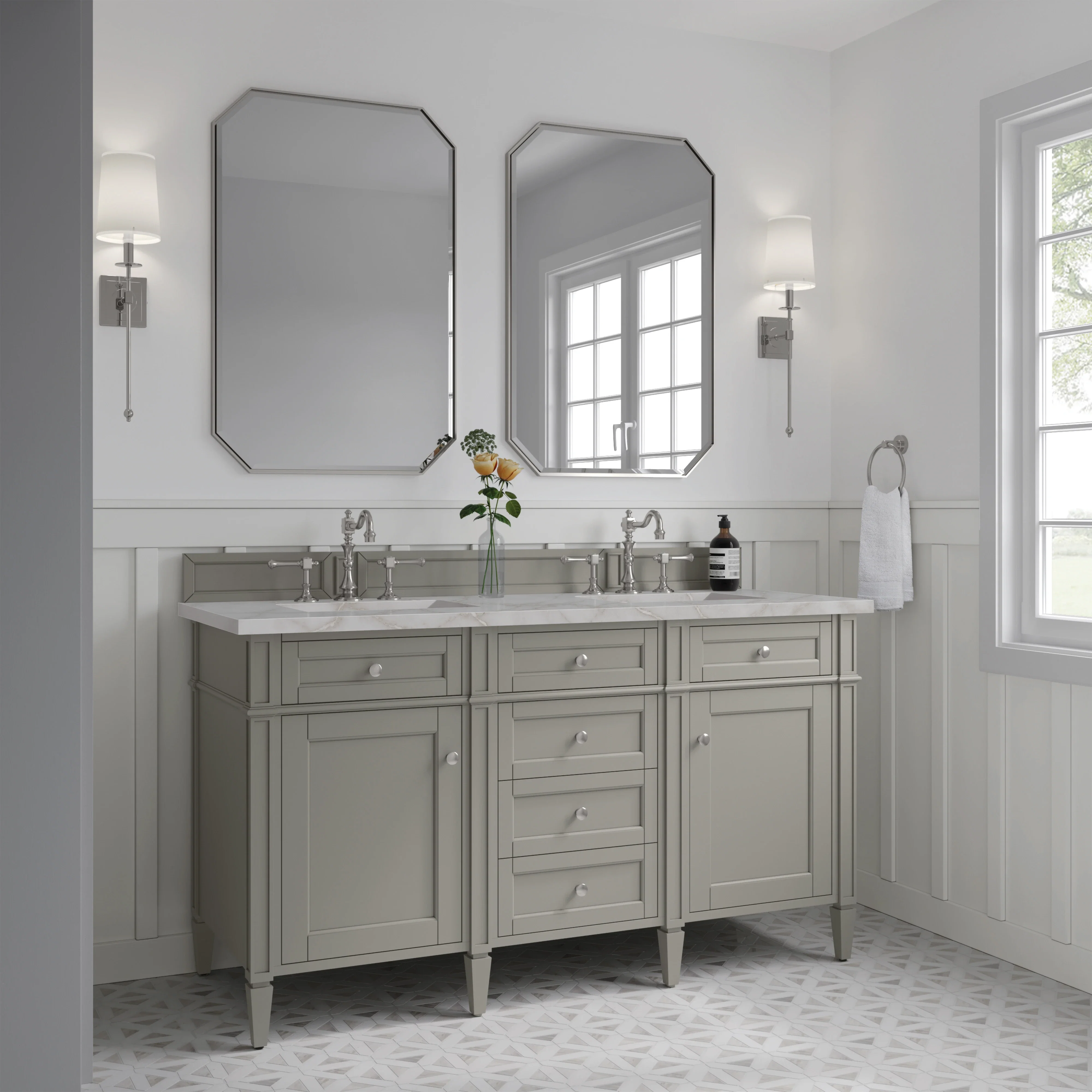 Brittany 60" Double Vanity, Urban Gray w/ 3 CM Victorian Silver Silestone Top w/FreePower Wireless Charger